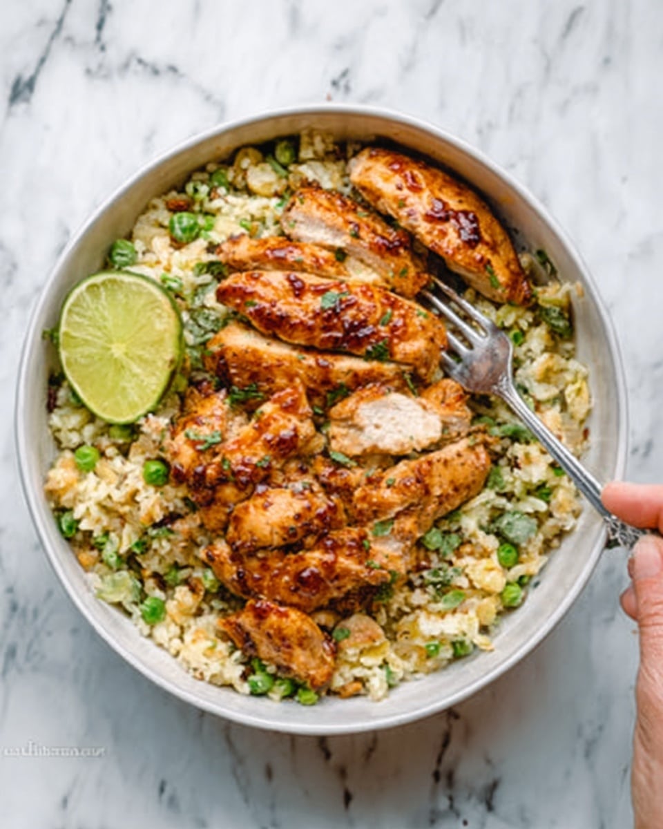 The dish is served in a white bowl filled with a base layer of fluffy, light green cauliflower rice mixed with small pieces of chickpeas, creating a slightly textured and grainy look. On top, there are four pieces of golden-brown cooked chicken with a slightly crispy, glazed surface, arranged in a circular shape. A wedge of lime with a fresh green color rests on the edge of the bowl, enhancing the visual appeal. A silver fork is placed on the right side in the bowl, partially resting on the chicken and rice. The bowl sits on a white marbled surface. Photo taken with an iphone --ar 4:5 --v 7