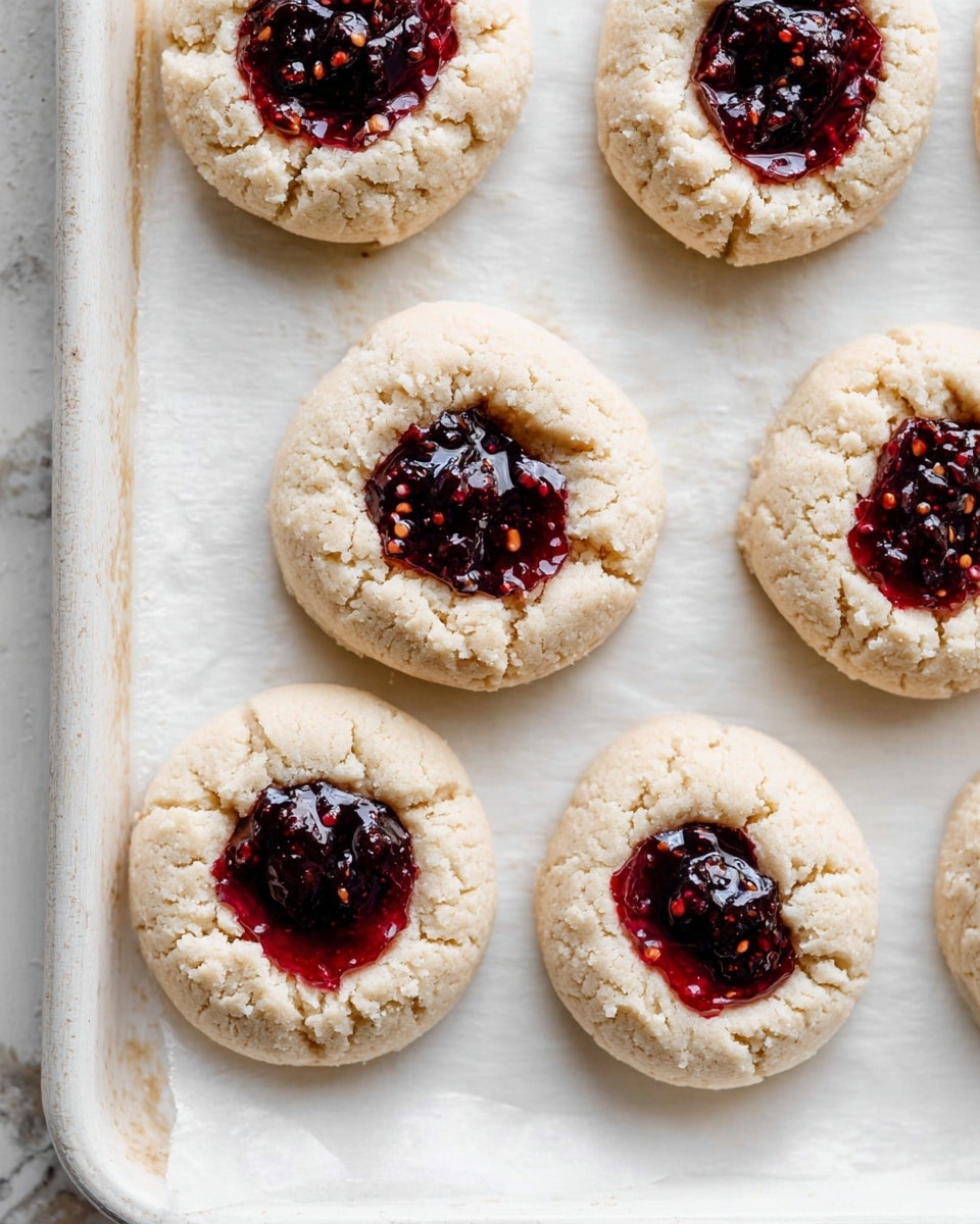 The image shows a white baking tray lined with parchment paper holding seven round thumbprint cookies. Each cookie has a pale beige, soft, and slightly crumbly dough base layer, about one thick. The cookies have a small well in the center filled with a shiny, deep red berry jam, slightly translucent with tiny seeds visible. The tray is set on a white marbled surface. photo taken with an iphone --ar 4:5 --v 7