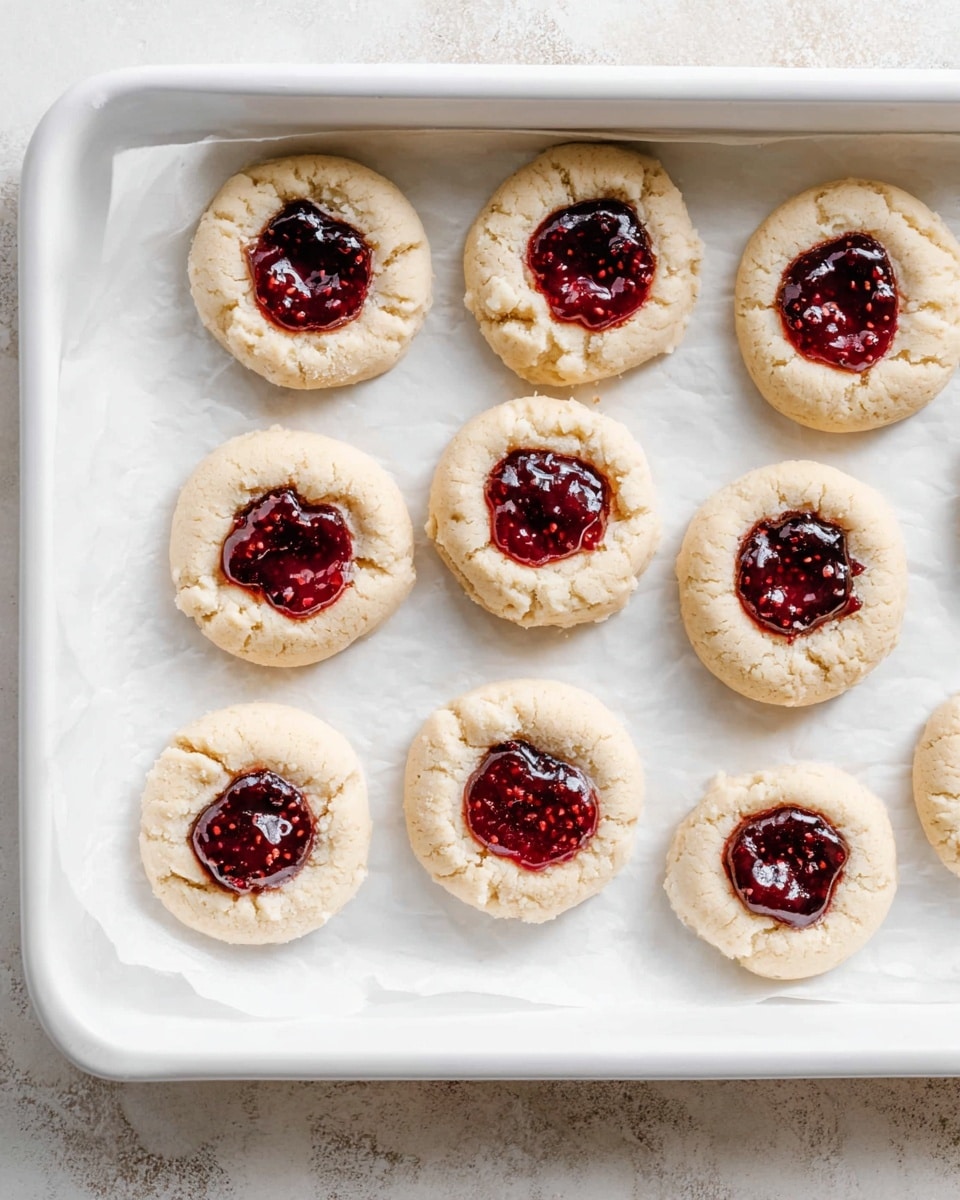 The image shows six soft, round thumbprint cookies arranged in two columns on white parchment paper-lined white baking tray. Each cookie has a pale beige, crumbly texture with a small well in the center filled with glossy dark red berry jam, slightly overflowing and showing tiny dark seeds and a shiny surface. The cookies are spaced evenly with visible cracks and rough edges. The background is a white marbled surface. photo taken with an iphone --ar 4:5 --v 7