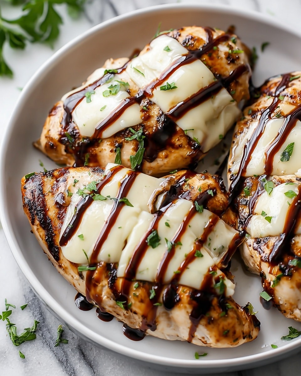 A white dish holds four grilled chicken breasts cut into slices, each topped with a smooth, creamy white sauce on top and drizzled with a dark, shiny glaze creating a striped pattern. Fresh green parsley leaves are scattered between the chicken pieces, adding a touch of color. The chicken is slightly charred with visible grill marks, and the sauce contrasts with the golden brown meat. The dish sits on a white marbled surface. photo taken with an iphone --ar 4:5 --v 7