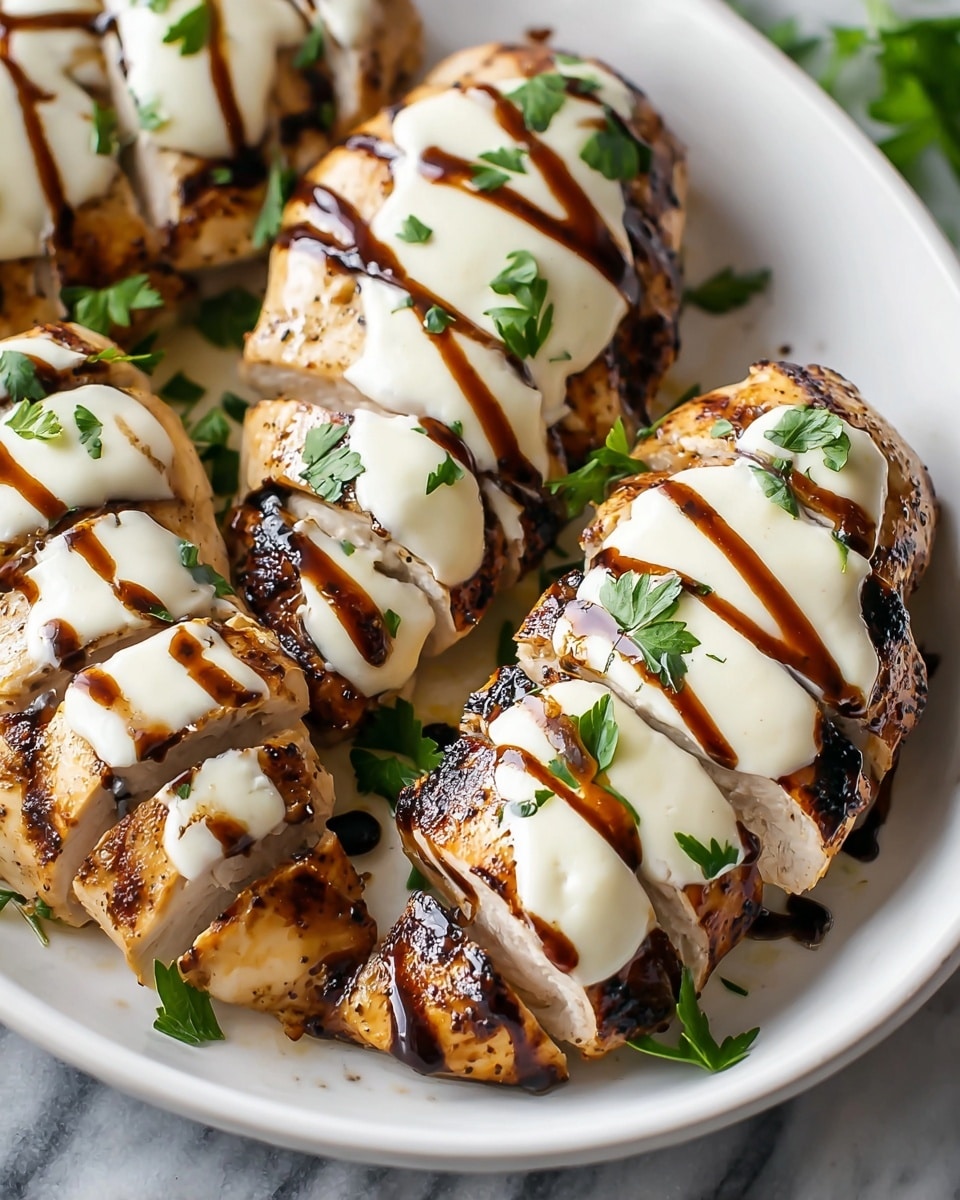 The image shows four grilled chicken breasts arranged in a white bowl on a white marbled surface. Each chicken breast has a golden-brown, slightly charred exterior with visible grill marks. On top of each breast, there are thick white melted cheese slices, evenly placed in three sections per piece. Dark brown balsamic glaze is drizzled in stripes over the cheese and chicken, adding shine and contrast. Small green parsley leaves are scattered lightly on the chicken and around the bowl, adding a fresh touch. The overall look is warm and appetizing with a mix of creamy, glazed, and grilled textures. Photo taken with an iphone --ar 4:5 --v 7