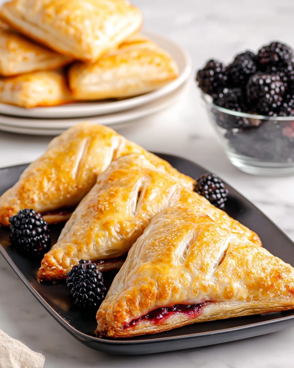 The image shows six golden brown triangular pastries arranged neatly in two columns on a white rectangular plate, each with slightly glossy, flaky crusts and visible fruit filling peeking out in bright red and purple shades. Next to the pastries on the plate and around it are clusters of fresh, plump blackberries with a deep dark purple color and textured surface. The pastries appear thick with multiple flaky layers, and the filling adds a vibrant contrast. The setup is on a white marbled surface with a black and white striped cloth partially visible at the bottom left corner. Photo taken with an iphone --ar 4:5 --v 7