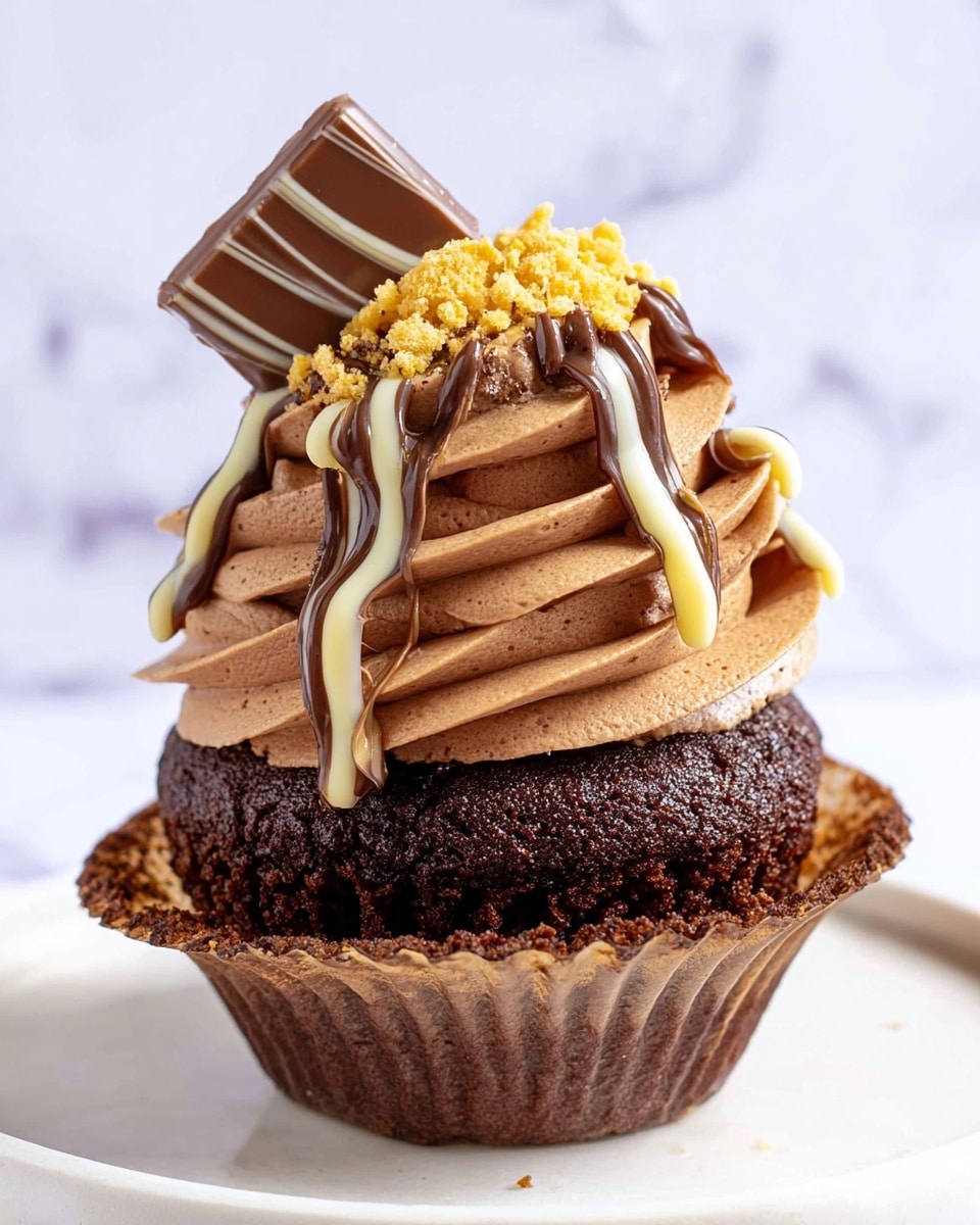 A rich chocolate cupcake with a deeply textured dark brown base, sitting in a peeled-back brown paper liner; it is topped with a thick swirl of smooth, light brown chocolate frosting decorated with drizzles of creamy white and dark chocolate sauces. On top of the frosting, there is a small pile of yellow crumbly bits and a square milk chocolate piece with dark chocolate stripes placed at an angle. The cupcake is placed on a white plate against a white marbled texture background. photo taken with an iphone --ar 4:5 --v 7