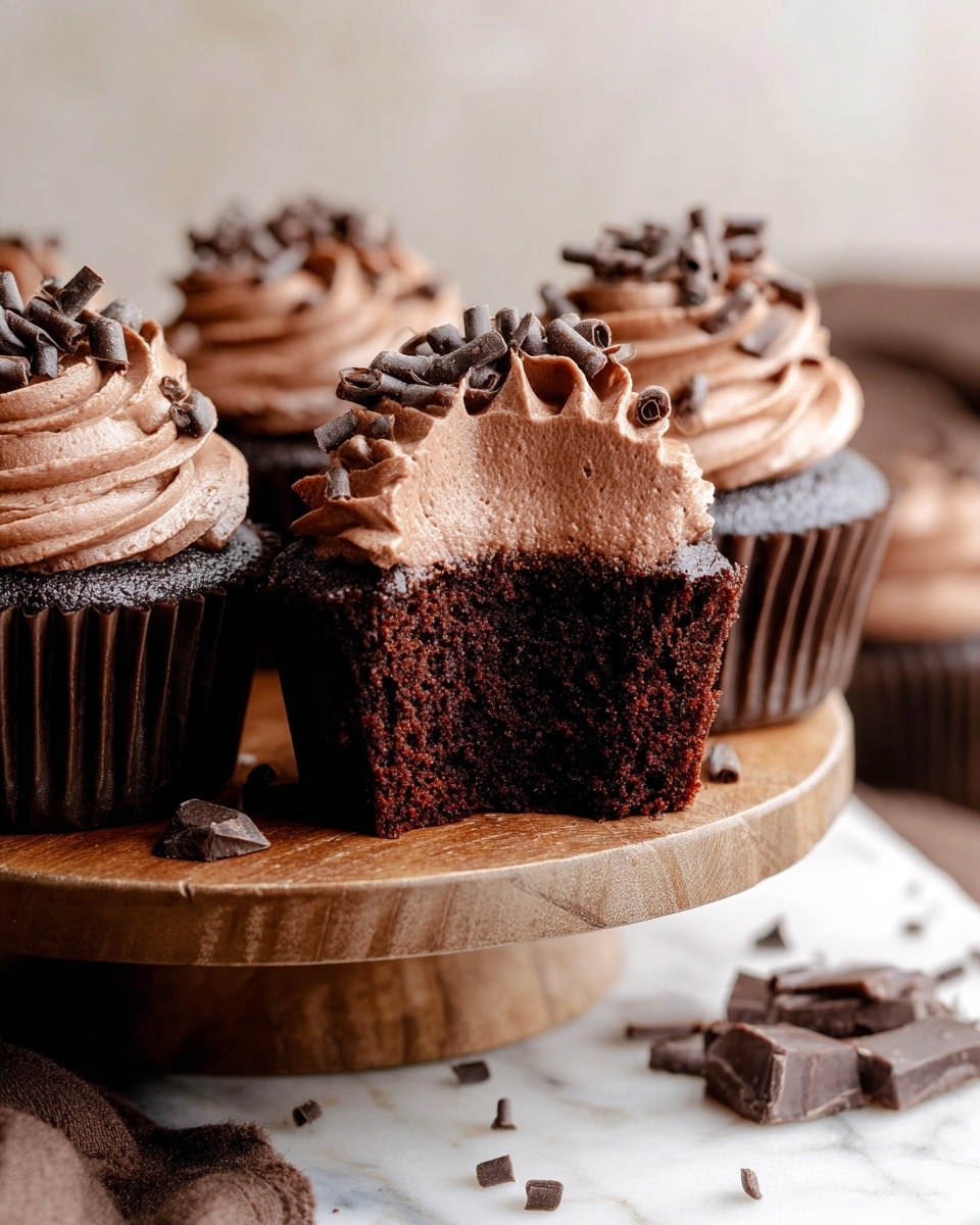 A close-up view of several chocolate cupcakes arranged on a round wooden board placed on a white marbled surface. Each cupcake has a dark brown base with a thick swirl of smooth, light brown chocolate frosting on top, forming two distinct spiral layers. Small, curled dark chocolate shavings are scattered on the frosting of each cupcake, adding texture and decoration. Additional chocolate shavings are also scattered on the wooden board and the white marbled surface around the cupcakes, enhancing the visual appeal. photo taken with an iphone --ar 4:5 --v 7