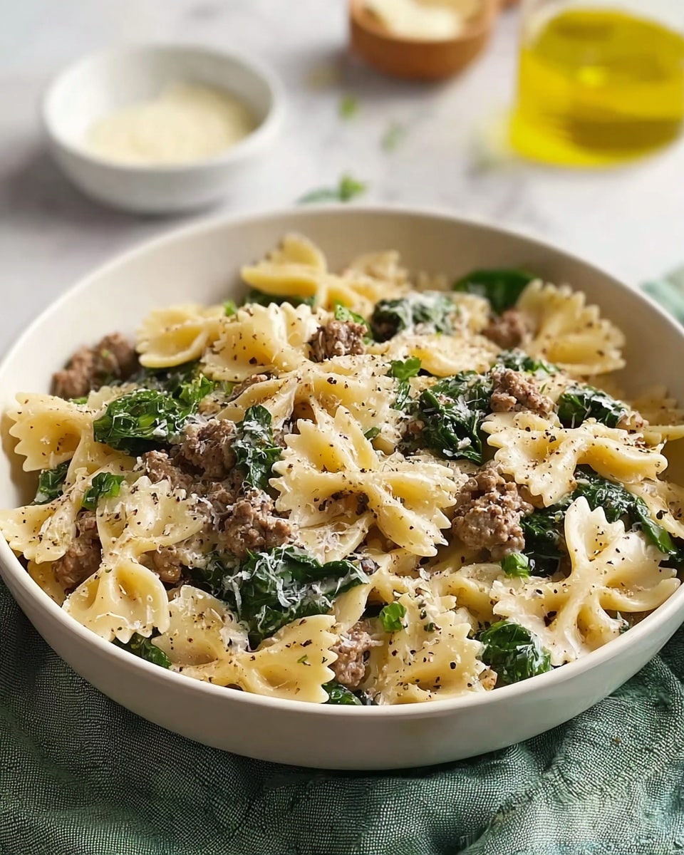 The dish is a bowl of creamy farfalle pasta mixed with three main layers: the top layer has small pieces of cooked ground meat in a light brown color, spread evenly across the pasta; the middle layer is made of creamy white sauce that coats the farfalle pasta, giving it a smooth, rich texture; the bottom layer consists of the farfalle pasta itself, pale yellow in color and shaped like small bow ties, with dark green spinach leaves scattered throughout. The bowl is white and sits on a folded light green cloth on a white marbled surface. In the background, there is a small white bowl of grated cheese and a bottle of olive oil. Photo taken with an iphone --ar 4:5 --v 7
