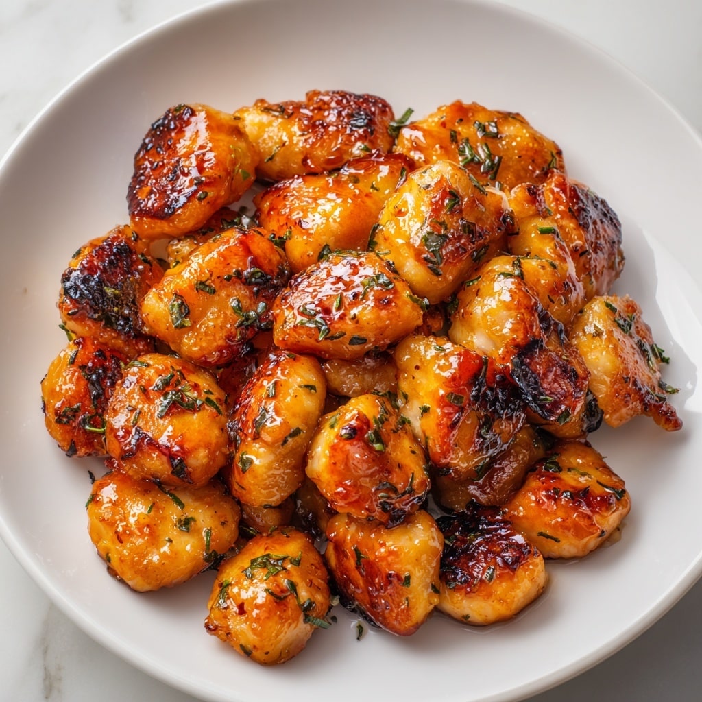 A close-up photo of a white plate piled high with small, golden-brown chicken bites that have a shiny, glazed texture. Each piece is well-coated with a sticky sauce that glistens under the light, showing some charred, darker spots of caramelization. Green herb flakes are sprinkled unevenly over the chicken, adding a fresh accent to the warm orange and brown colors. The plate rests on a white marbled surface, giving a clean, bright background that makes the chicken stand out. photo taken with an iphone --ar 4:5 --v 7