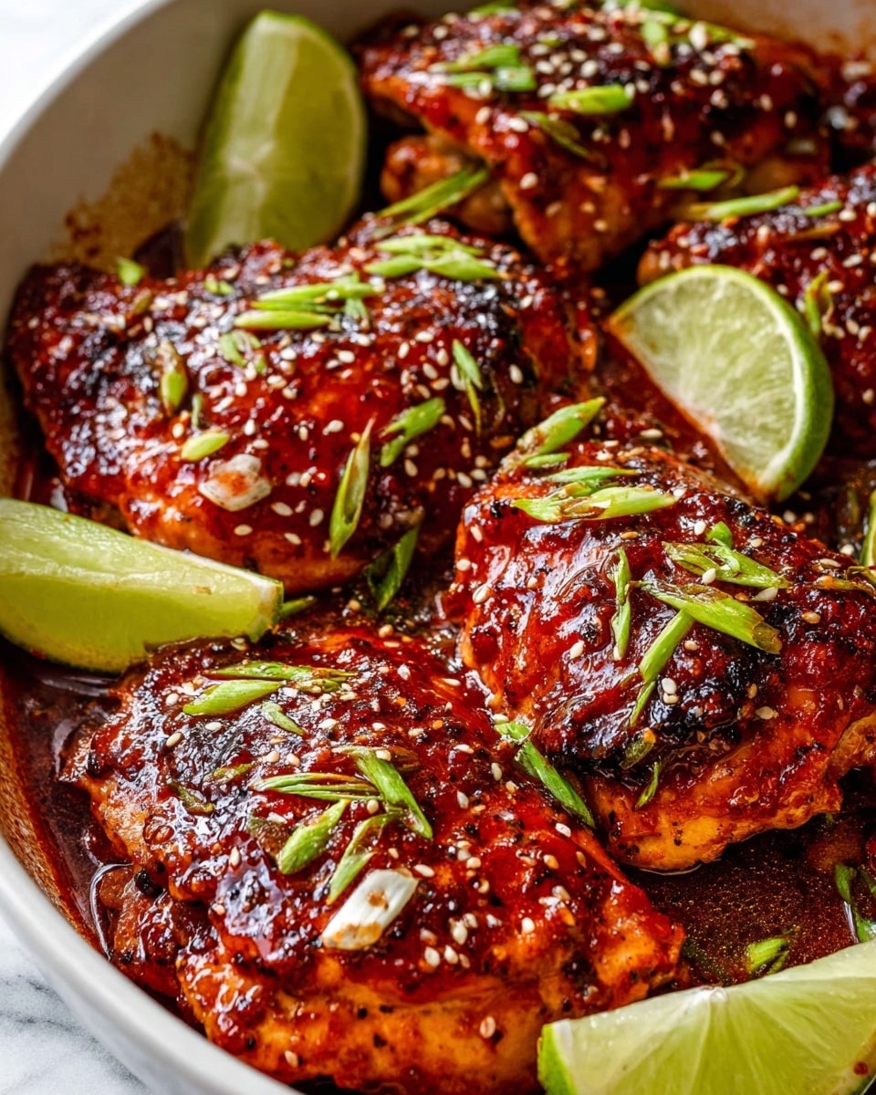 The image shows a white oval dish filled with several grilled chicken breasts covered in a thick, shiny red sauce. Each chicken breast is cut with neat diagonal slits, revealing tender meat underneath. Green chopped scallions and white sesame seeds are sprinkled on top, adding pops of color and texture. Around the edges of the dish are bright green lime wedges and a grilled lemon slice, giving freshness to the rich look of the chicken. The dish sits on a white marbled surface, enhancing the vibrant colors of the food. photo taken with an iphone --ar 4:5 --v 7