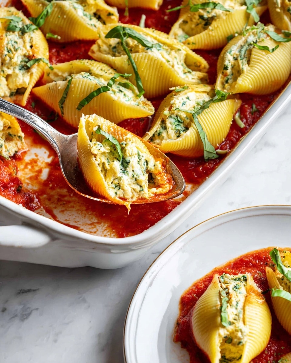 A white baking dish is filled with large pasta shells stuffed with a creamy, pale yellow ricotta and spinach mixture speckled with green herbs. Each shell is neatly arranged in rows, topped with bright red tomato sauce that is unevenly spread, adding vibrant color. Fresh, thinly sliced green basil is sprinkled over the shells, enhancing the fresh look. The edges of the baking dish have some browned spots from baking, and the dish sits on a white marbled surface with a white speckled plate and a spoon nearby. photo taken with an iphone --ar 4:5 --v 7