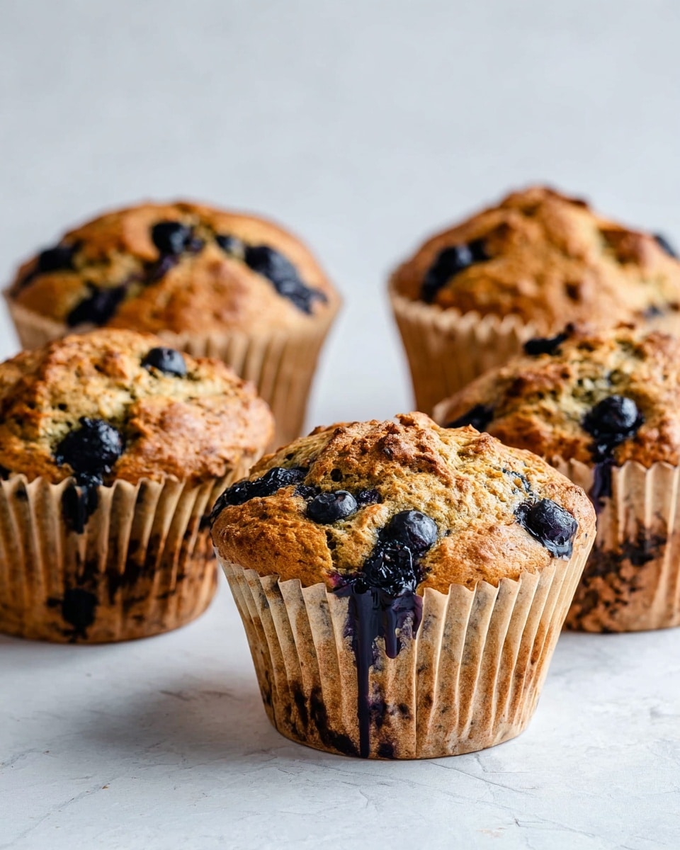 Five blueberry muffins are arranged on a white marbled surface. Each muffin has a rough, golden-brown top with visible dark blue blueberries that have slightly burst, creating small drips of blueberry juice down the sides. The muffins are held in crinkled light brown paper liners with darker spots from the cooked batter. The focus is on the three muffins in front, showing their coarse texture and juicy blueberries, while the other two muffins are slightly blurred in the background. photo taken with an iphone --ar 4:5 --v 7