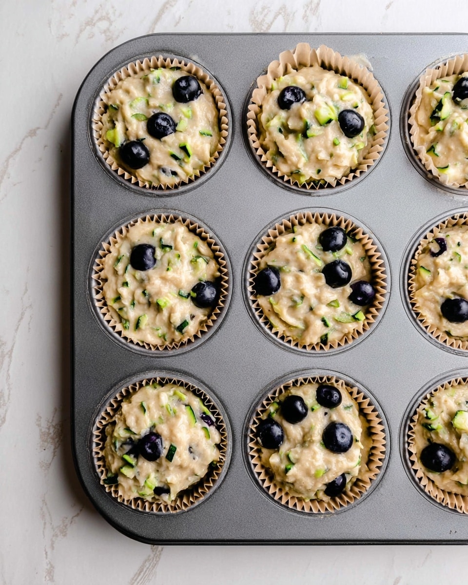 This image shows a gray metal muffin tray filled with seven paper muffin cups, each holding creamy, light beige batter with small green zucchini pieces mixed in, giving a slightly textured look. Scattered throughout the batter are whole black blueberries that add contrast with their smooth, dark skin. The muffin cups have light brown ridged edges, and the tray is placed on a white marbled surface. The batter looks thick and uneven, ready for baking. photo taken with an iphone --ar 4:5 --v 7