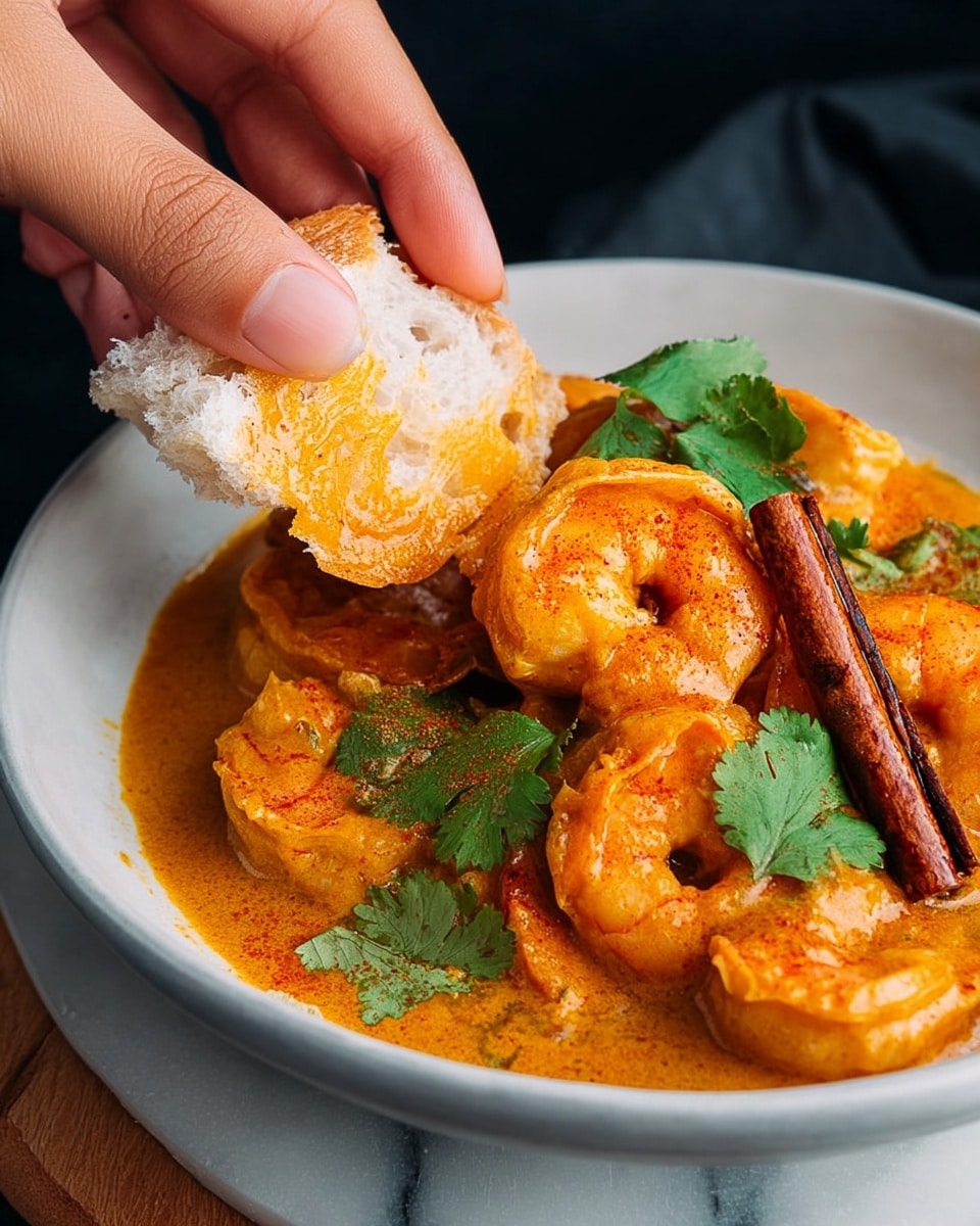 A white bowl filled with orange curry sauce, with several plump shrimp covered in the sauce, garnished with fresh green cilantro leaves and a brown cinnamon stick placed on top. There is a woman's hand dipping a piece of torn white bread, stained with orange curry sauce, into the bowl. The bowl sits on a white marbled surface, and the background is dark, making the colors of the dish stand out. photo taken with an iphone --ar 4:5 --v 7