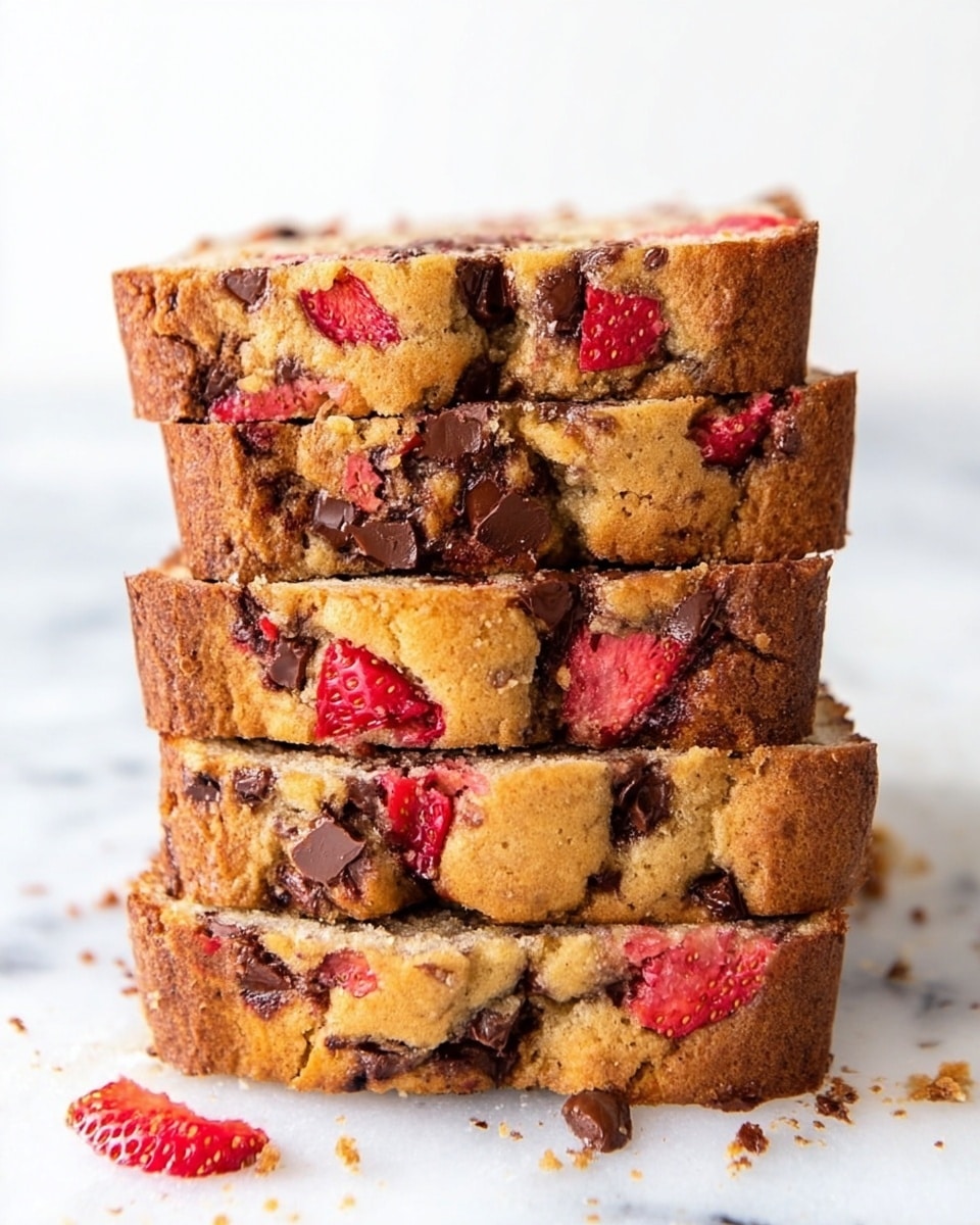 A stack of five thick, rectangular slices of cake with a golden-brown crust is shown against a clean white background. Each slice is filled with bright red strawberry pieces and dark melted chocolate chunks, which are spread throughout the soft, slightly crumbly light brown cake. The strawberries appear juicy and fresh, and the chocolate sits unevenly, giving a rich contrast in color and texture to the cake. The stack is slightly uneven, creating an inviting, homemade look. The surface under the cake has a few crumbs and strawberry bits scattered around it. photo taken with an iphone --ar 4:5 --v 7