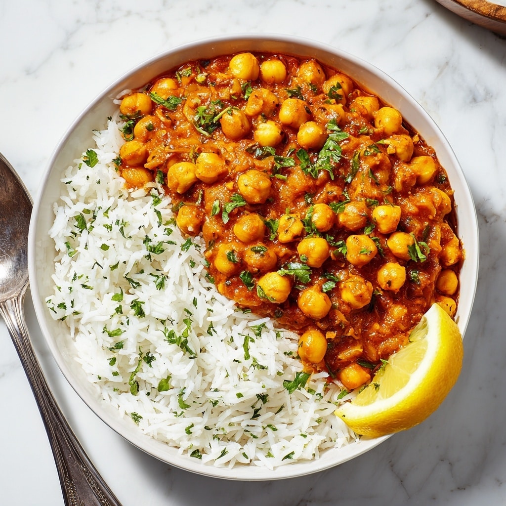 A close-up view of a white shallow bowl filled with a chickpea curry showing two layers: the top layer consists of whole yellow chickpeas mixed with broken chickpeas, both covered in a thick, rich, orange-red sauce with visible spices and oil, giving a textured, slightly glossy look. A silver spoon is placed in the bowl towards the right side, partially immersed in the curry. The bowl sits on a white marbled surface with a small part of a lemon visible on the bottom left corner. Photo taken with an iphone --ar 4:5 --v 7
