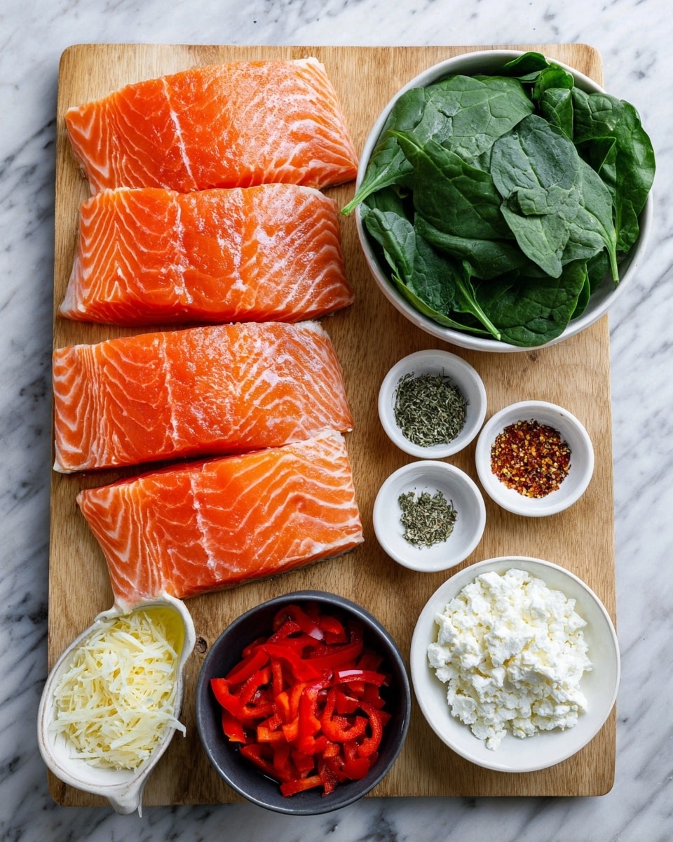 Four thick slices of fresh salmon with bright orange and white striped texture lay on the left side of a wooden cutting board. At the top right, a white bowl full of fresh, deep green spinach leaves. Below it, two small white bowls hold dried herbs and a red spice mix. On the bottom right, a white bowl contains white, crumbly cheese. At the center, a small dark bowl has chopped red bell peppers. To the left, a white bowl with finely grated pale cheese and a small white cup with golden yellow olive oil sit on the board. The whole setup is on a white marbled surface. photo taken with an iphone --ar 4:5 --v 7