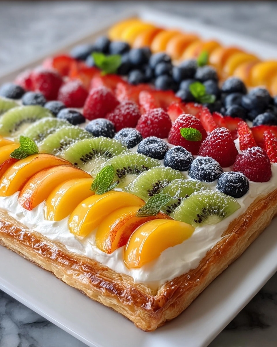 A rectangular fruit tart with a golden, flaky crust forms the bottom layer, topped with a smooth, white cream filling that covers the whole surface inside the crust. On top of the cream, the fruit is arranged in neat rows: shiny blueberries in deep blue, bright green kiwi slices with black seeds, vibrant orange peach slices, and red strawberry halves with green mint leaves scattered among them. The tart is placed on a white plate, and the setting has a clean white marbled texture beneath it. Photo taken with an iphone --ar 4:5 --v 7