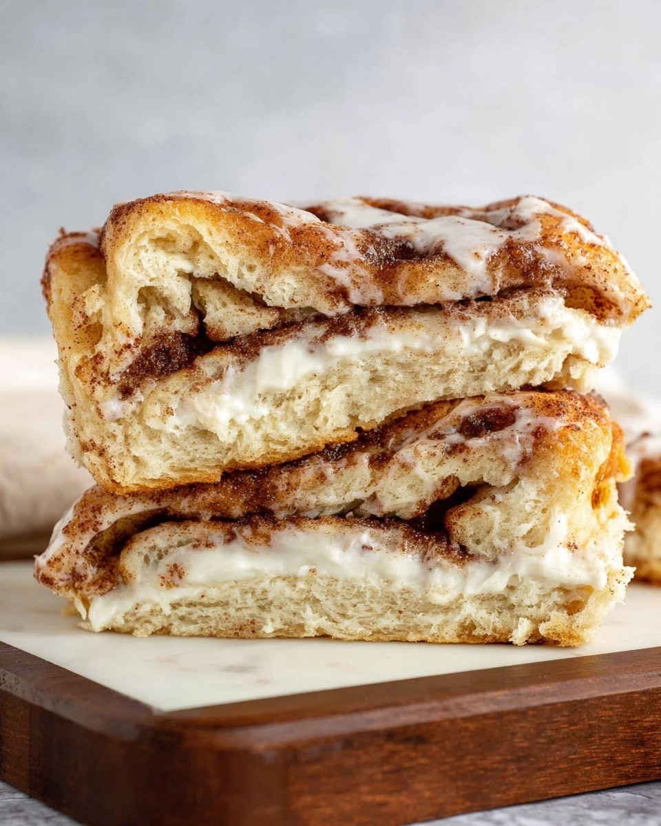 The image shows three thick pieces of cinnamon roll stacked on a white marbled surface placed on a dark wooden board. Each piece has a golden-brown outer crust, with visible swirls of deep brown cinnamon filling inside. Between the pieces is a moist, creamy white layer of icing that partly covers the soft, airy, and spongy interior of the rolls. The texture of the dough looks light with many small air pockets throughout. The top piece has a slightly twisted shape with icing lightly melting on the surface. Photo taken with an iphone --ar 4:5 --v 7