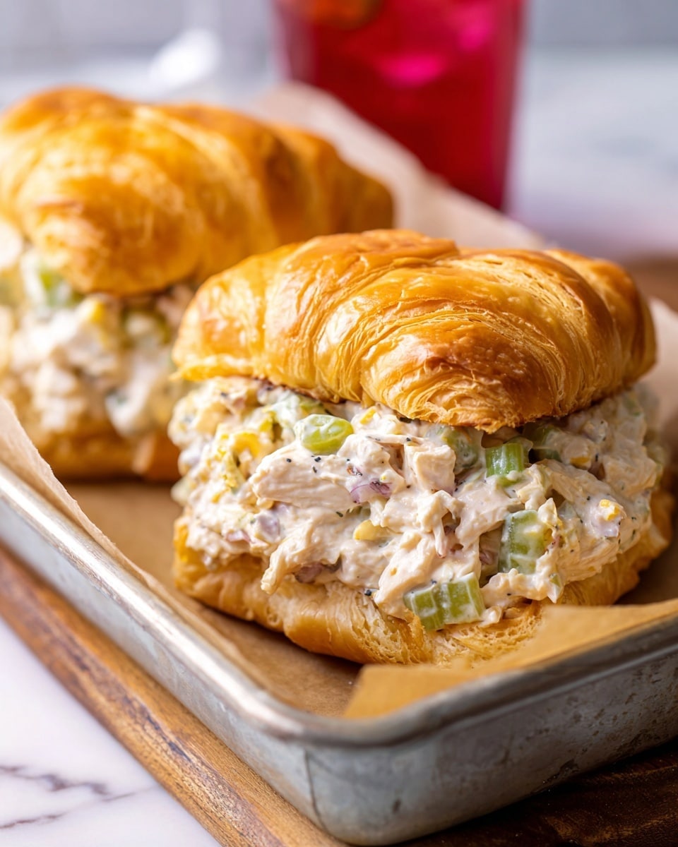 Two chicken salad sandwiches sit side by side on a rustic metal tray with parchment paper. Each sandwich has three layers: the top layer is a golden, flaky croissant with a shiny crust and flaky texture, the middle layer is a thick, creamy chicken salad with visible chunks of white shredded chicken, small pieces of green celery, and bits of yellow egg mixed with a smooth, off-white dressing, and the bottom layer is the base of the croissant, slightly visible but mostly covered by the filling. The background and surface where the tray rests are a white marbled texture. photo taken with an iphone --ar 4:5 --v 7