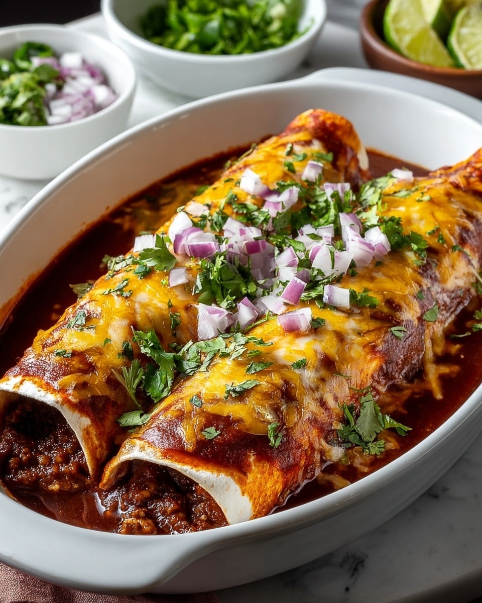 A white oval baking dish holds four rolled enchiladas, each wrapped in a light beige tortilla. The enchiladas are layered with rich, dark red sauce covering the top and flowing around them, topped with a generous layer of melted orange-yellow shredded cheese. Fresh green cilantro leaves and small pieces of diced purple onion are scattered on top, adding pops of color. The edges of the tortillas show some slight browning, and the sauce has a thick, hearty texture. The dish sits on a white marbled surface with hints of lime wedges and chopped herbs blurred in the background. Photo taken with an iphone --ar 4:5 --v 7