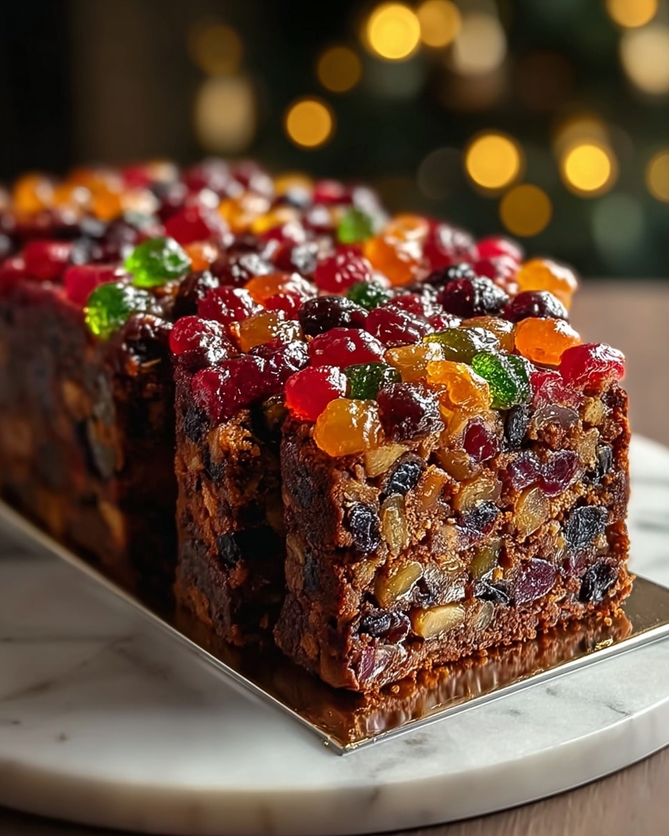A rectangular fruitcake with three visible layers sits on a white glass plate with intricate patterns. The bottom layer is dense and brown with chunks of nuts embedded inside. The middle layer is darker and packed with dried fruits and nuts, creating a rough texture. The top layer is a glossy mix of colorful glazed fruits, including red cherries, green and yellow dried raisins, and other small round fruit pieces, all shiny and vibrant. There is a slight drizzle of dark syrup on the sides. The background is softly blurred with bokeh lights, and the surface under the plate is a white marbled texture. photo taken with an iphone --ar 4:5 --v 7
