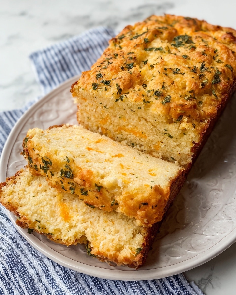 A loaf of savory bread is shown sliced on a white plate with a subtle pattern. The bread has two visible layers: the inside is a soft, light yellowish texture mixed with small bits of orange, likely cheese, while the top layer is a golden-brown crust sprinkled with green herbs, adding a rustic look. The texture on top looks crispy and slightly crumbly, contrasting with the moist and tender inside. The plate sits on a white marbled surface partly covered with a blue and white striped cloth. photo taken with an iphone --ar 4:5 --v 7