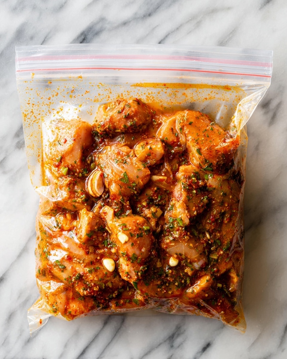 A clear ziplock bag filled with raw chicken pieces marinated in a reddish-orange sauce with visible green herb bits and small chunks of garlic. The chicken is coated evenly, with some parts showing a mix of oily and spicy marinade that has seeped into the meat. The bag is placed flat on a white marbled surface, and the marinade’s texture looks slightly oily with specks of spices all over the chicken. Photo taken with an iphone --ar 4:5 --v 7