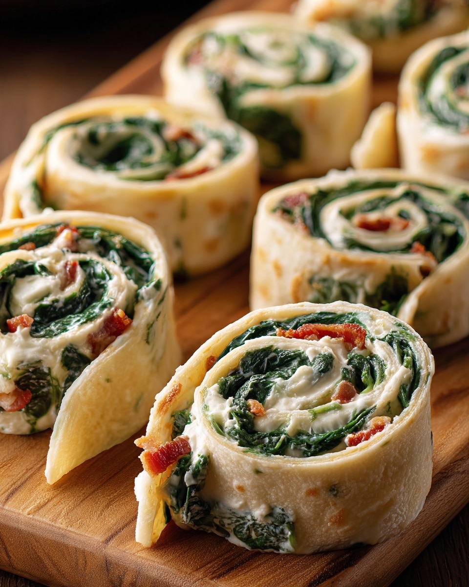 The image shows several rolled-up flatbread pieces placed closely on a wooden surface. Each roll has an outer golden-brown flatbread layer wrapping creamy white cheese, bright green spinach leaves, and thin reddish strips, likely roasted red peppers, all tightly swirled inside. The cheese looks smooth and creamy, while the spinach adds a leafy texture. The rolls have a soft but slightly firm outer crust. Photo taken with an iphone --ar 4:5 --v 7