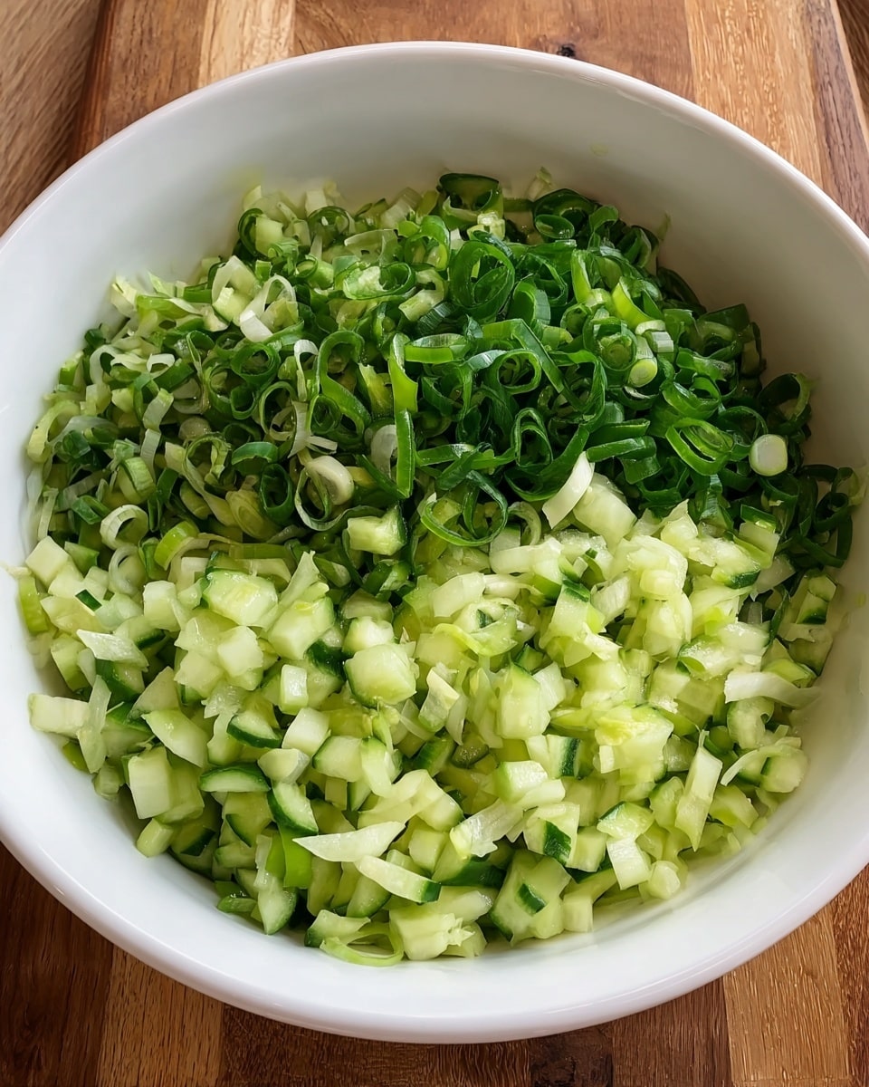 A white bowl filled with two layers of chopped vegetables sits on a wooden surface. The bottom layer is small, light green cucumber pieces with a crisp texture, while the top layer consists of darker green, thinly sliced spring onions spread evenly across. The fresh green colors and uneven texture of the chopped vegetables stand out clearly against the smooth white bowl and contrast with the warm wooden surface underneath. photo taken with an iphone --ar 4:5 --v 7