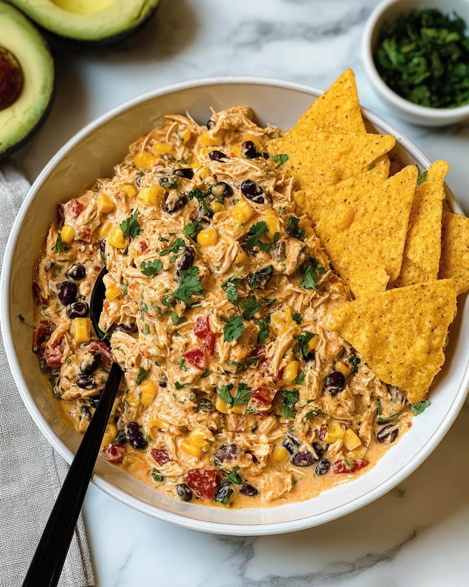 A white bowl filled with a creamy, chunky dip made of shredded chicken, black beans, yellow corn, and small pieces of red bell pepper mixed in a light orange sauce, topped with fresh chopped green herbs. Several yellow and orange tortilla chips are neatly placed around the edge of the dip, partially inserted into it. A black spoon rests inside the bowl on the left side. The scene has a white marbled texture underneath, with a halved avocado and a small white bowl of green herbs blurred in the background. Photo taken with an iphone --ar 4:5 --v 7
