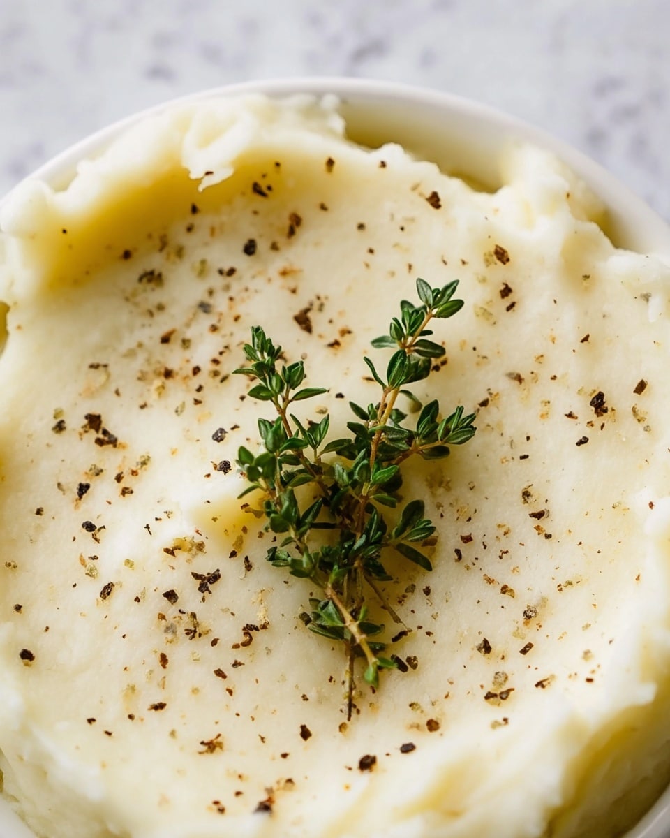 A close-up of a smooth, creamy mashed potato dish served in a white bowl, showing one thick layer of pale yellow mashed potatoes with a soft, velvety texture. The surface has tiny specks of black pepper scattered evenly and a small green sprig of fresh thyme placed gently in the center. The bowl rests on a white marbled surface that adds a clean and bright contrast to the dish. Photo taken with an iphone --ar 4:5 --v 7