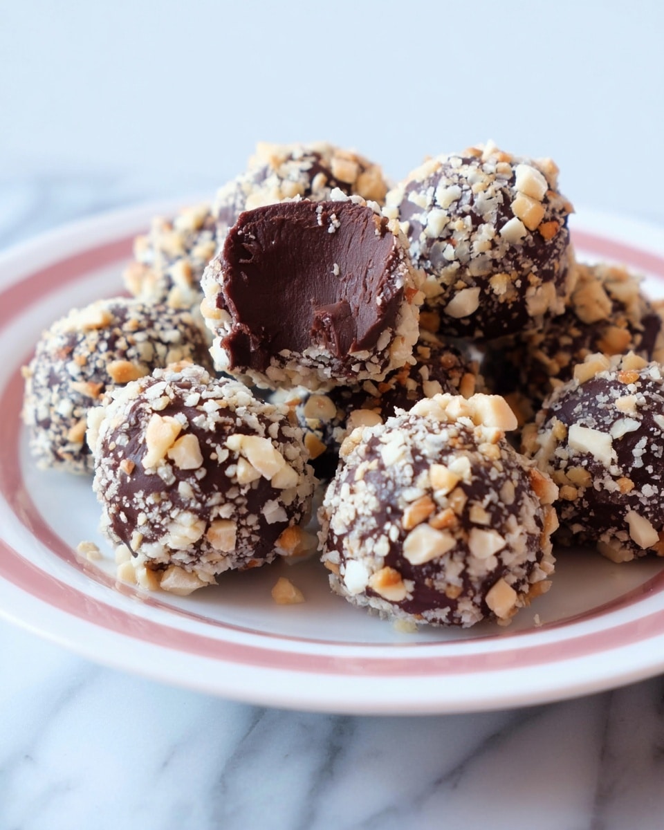 A round white plate with pink stripes holds several chocolate truffles stacked neatly, each truffle covered in small white and light brown nut pieces giving a crunchy texture. One truffle at the top center has a bite taken out, showing a dense, dark brown chocolate inside with a moist texture. The plate is on a white marbled surface, and the overall lighting is soft, highlighting the contrast between the dark chocolate and light nut coating. photo taken with an iphone --ar 4:5 --v 7