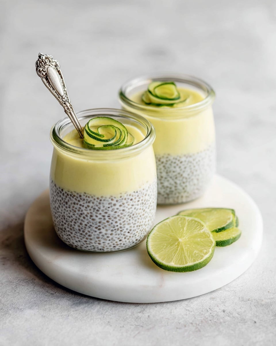 Three small clear glass jars sit on a white marbled surface, each filled with two layers: the bottom two-thirds are a thick chia pudding showing tiny black seeds suspended in a translucent white base, while the top one-third is a smooth, pale green creamy layer. Each jar is topped with a thin, round slice of lime with a small curled lime peel on top, adding a vivid green contrast. Around the jars, bright green lime wedges are scattered. The focus is on the front jar, with the other two softly blurred in the background. Photo taken with an iphone --ar 4:5 --v 7