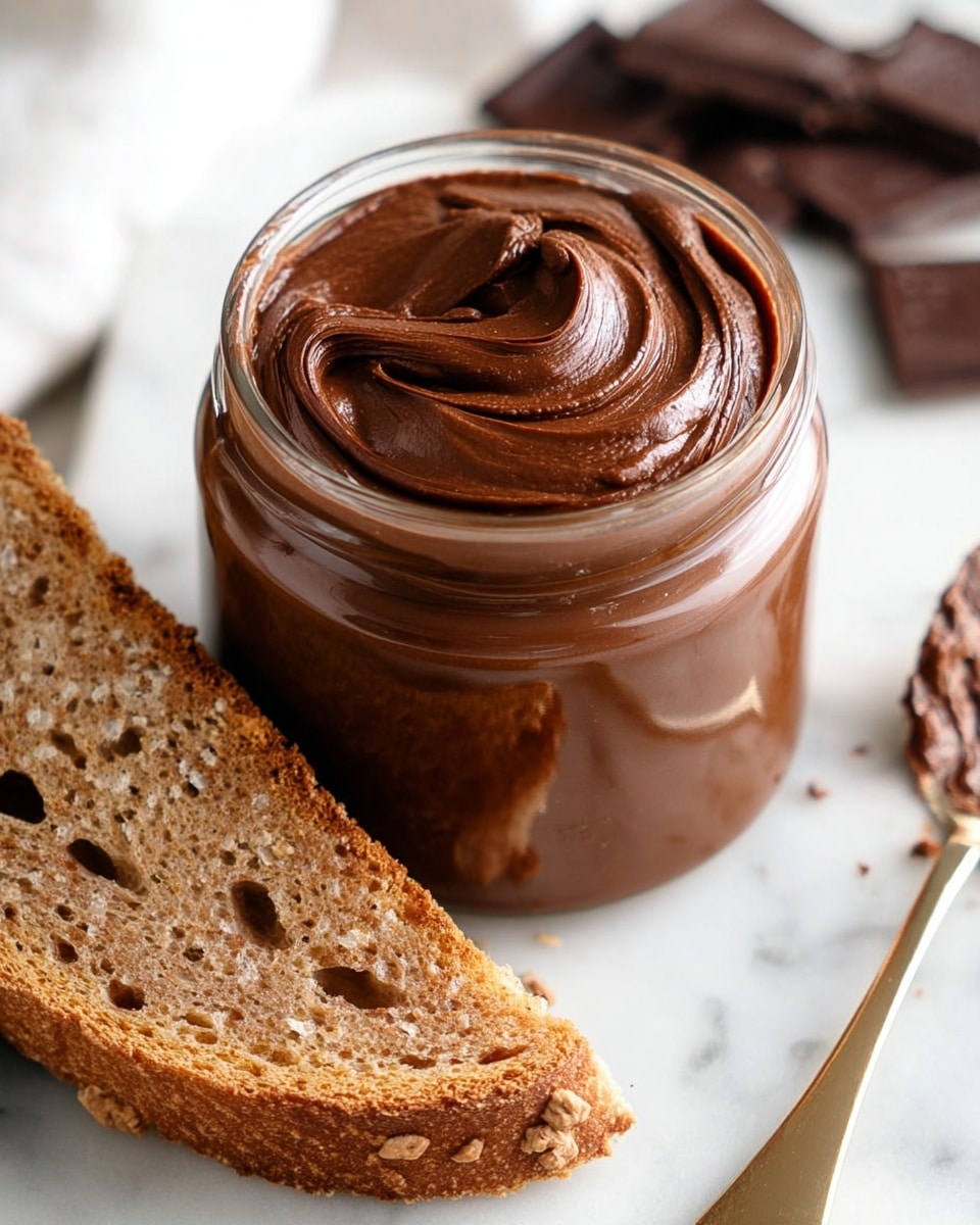 A clear glass jar filled with thick, smooth chocolate spread, with a wooden stick dipped inside showing the creamy texture on top; beside it, a slice of brown whole grain bread is evenly covered with a rich, glossy layer of the same chocolate spread, with a white knife resting on it that has some spread on its edge. The scene is set on a white marbled texture with scattered hazelnuts and chocolate pieces in the background. photo taken with an iphone --ar 4:5 --v 7