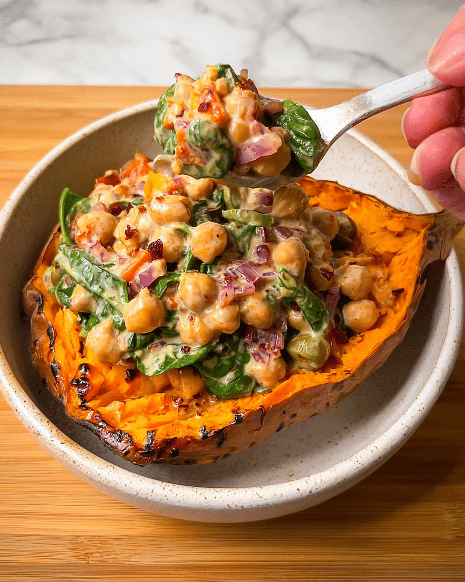 In a white bowl with a light stone-like texture inside, there is one large roasted sweet potato cut in half, its bright orange soft flesh spread out and slightly charred at the edges forming the base layer. On top of the sweet potato, there is a thick layer of mixed chickpea salad, made of light beige chickpeas, green olives, chopped red onions, and fresh green spinach leaves, all coated in a creamy, slightly glossy dressing. A woman's hand holding a white spoon with the chickpea salad scooped up is visible on the right side, lifting some of the mixture from the bowl. The bowl rests on a wooden surface replaced by a white marbled texture. photo taken with an iphone --ar 4:5 --v 7
