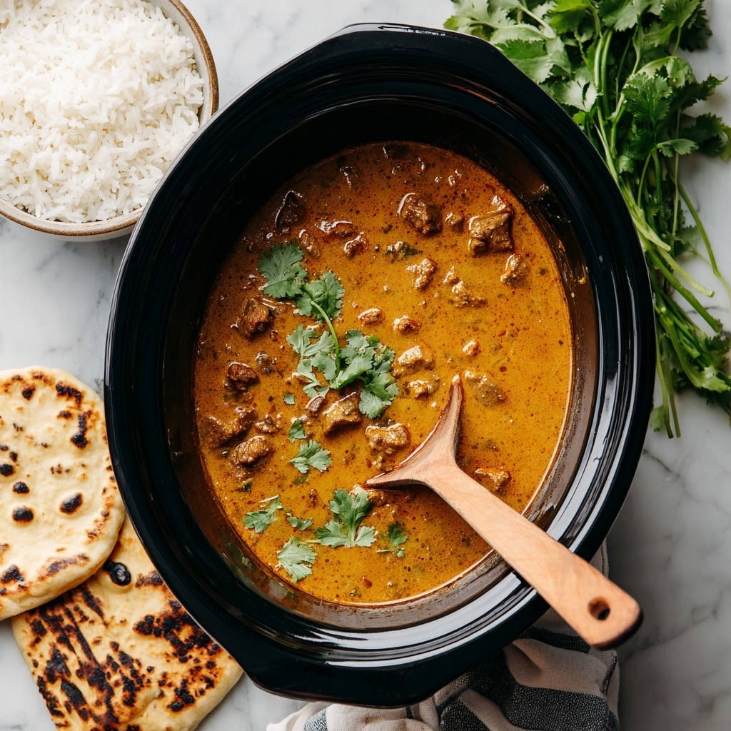 A glossy black slow cooker holds a thick, creamy orange curry with small chunks of tender meat evenly spread through the smooth sauce, speckled lightly with green herbs. A wooden spoon rests inside, partially submerged, stirring the curry. Nearby, a white bowl filled with fluffy white rice sits on a white marbled surface along with fresh green cilantro and pieces of toasted flatbread arranged casually. The whole scene has a clean, bright look with soft natural light. photo taken with an iphone --ar 4:5 --v 7