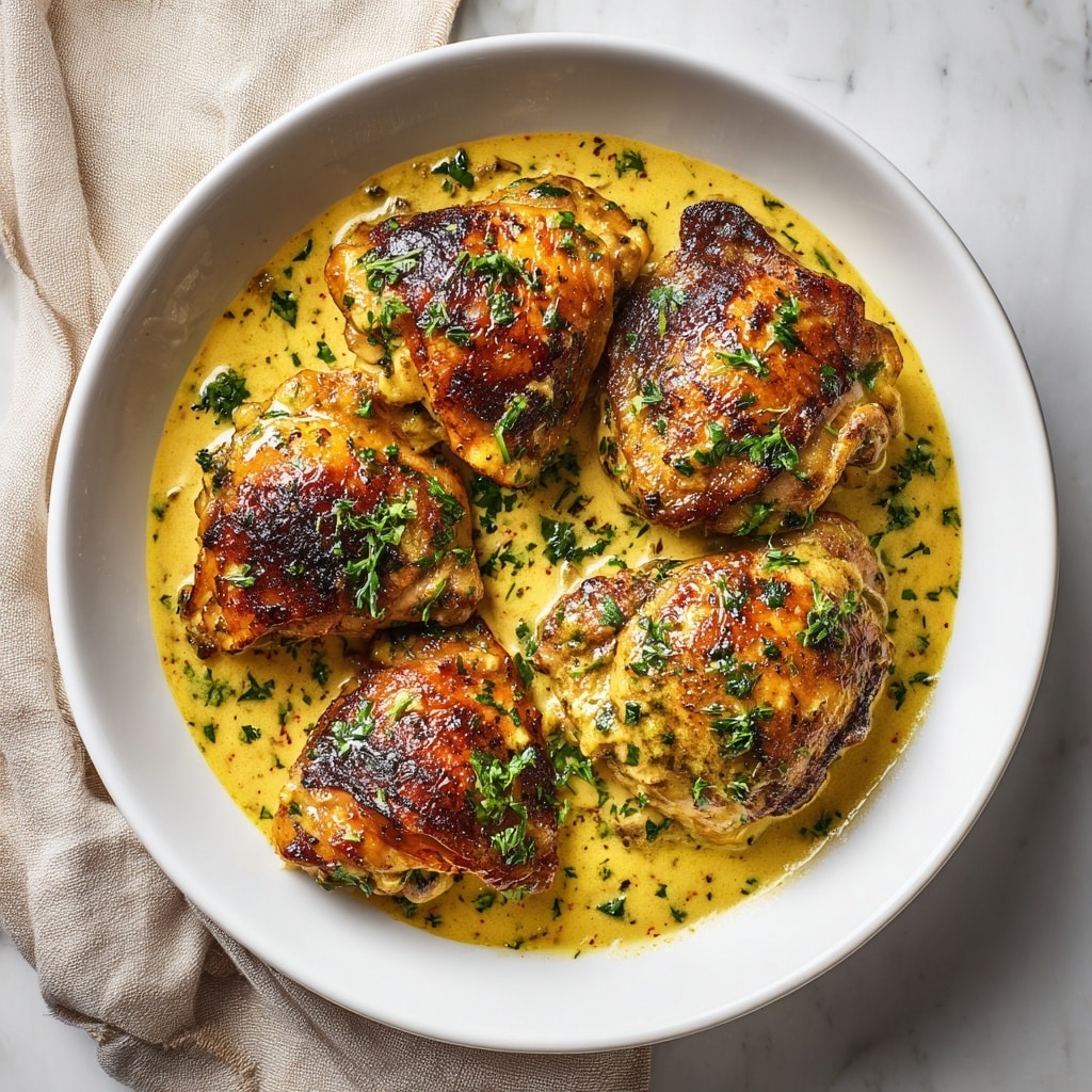 In a white bowl, several pieces of browned chicken thighs are covered with a thick, creamy mustard-yellow sauce speckled with herbs. The sauce has a smooth texture with flecks of green parsley fresh sprinkled on top. The chicken pieces have a glossy, slightly charred surface that contrasts with the rich sauce surrounding them. The bowl sits on a white marbled surface with a beige cloth partially visible beside it. photo taken with an iphone --ar 4:5 --v 7