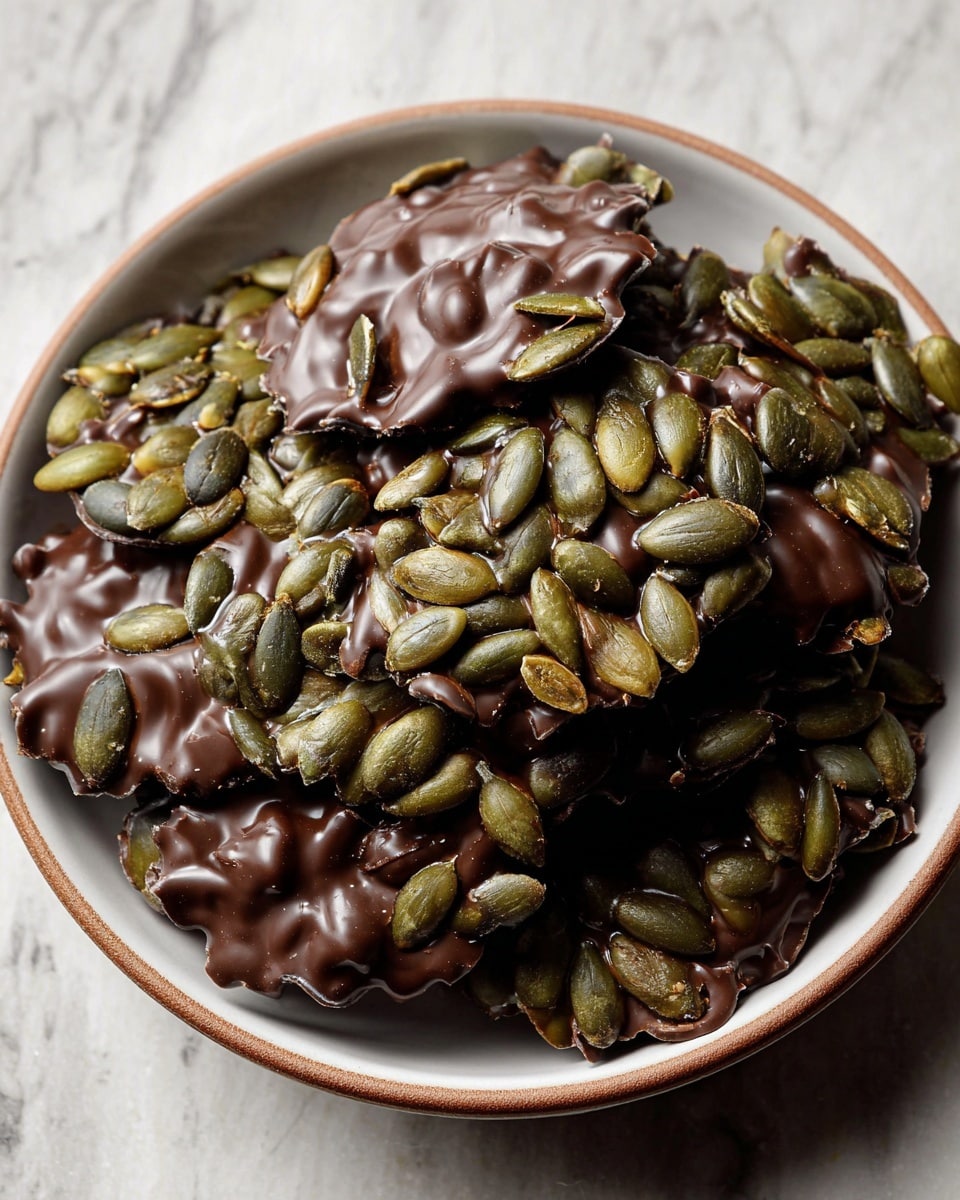A close-up view of a bowl filled with seed clusters coated partially with dark chocolate, each cluster showing two main layers: a bottom layer of shiny, toasted green pumpkin seeds closely packed together, and a top layer of smooth, glossy dark brown chocolate drizzled or evenly spread over parts of the seeds. The clusters have a rough and uneven texture where the seeds poke through the chocolate, and are stacked inside a shallow white ceramic bowl. The scene is set on a white marbled texture surface. photo taken with an iphone --ar 4:5 --v 7