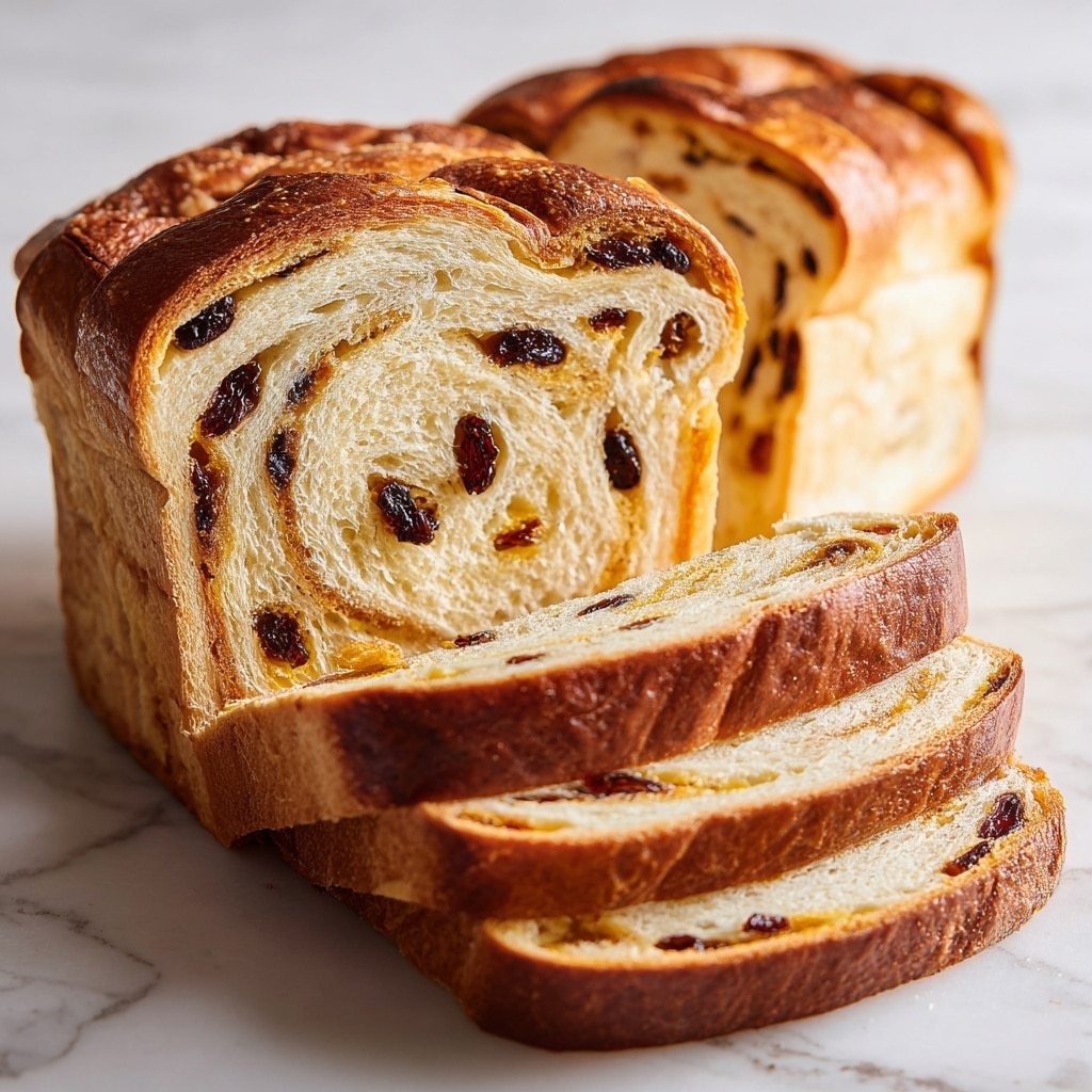 The image shows close-up slices of raisin bread with visible layers of soft, light brown dough interspersed with shiny dark raisins. The bread's edges are golden brown and slightly crispy, highlighting a gentle swirl pattern inside. The texture looks fluffy with a slightly toasted outside. The bread is placed on a white surface with a white marbled texture in the background. Photo taken with an iphone --ar 4:5 --v 7