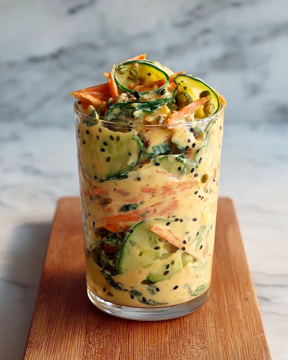 A tall clear glass filled with a creamy mixture made of yellow chunks and thin green slices submerged in a light orange sauce with visible red flakes and green herbs. The mixture appears thick and textured with layers of cucumber slices and potato pieces scattered evenly throughout the glass, reaching just slightly above the rim. The glass is set on a surface with a white marbled texture, casting soft shadows and warm light that highlights the creamy and chunky elements inside. photo taken with an iphone --ar 4:5 --v 7