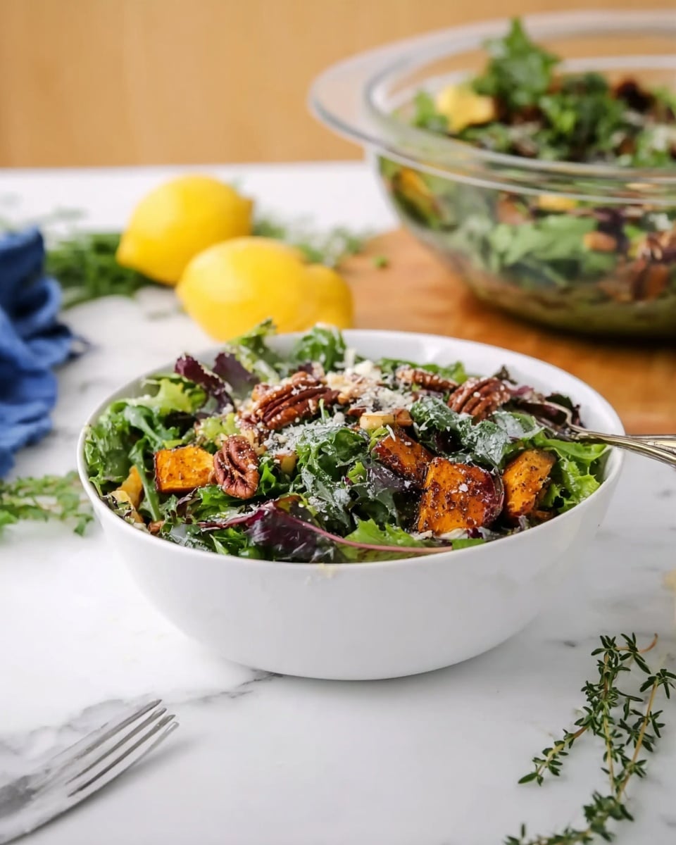 A white bowl filled with a mixed green salad sits on a white marbled surface. The salad has layers of fresh, leafy greens like kale and arugula, with some darker purple leaves mixed in. Scattered throughout are roasted orange sweet potato chunks and toasted pecan halves, adding texture and color. A light dressing glistens on the leaves, with a sprinkle of white cheese crumbles on top. In the background, a large glass bowl has more salad, and a lemon half along with some sprigs of fresh herbs are on the white marbled surface around the bowl. A fork lies on the surface nearby. Photo taken with an iphone --ar 4:5 --v 7