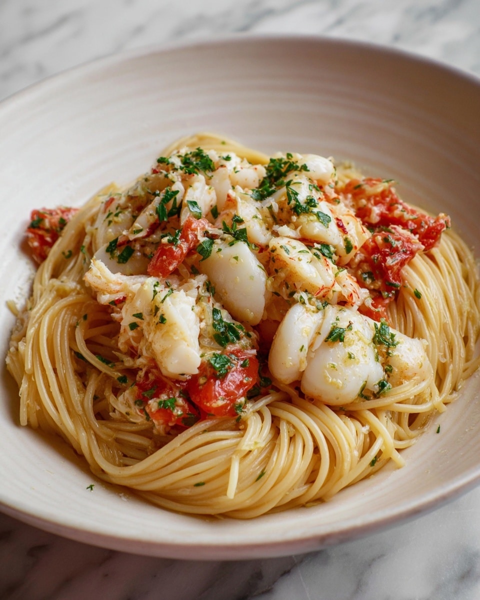 A white bowl holds a serving of spaghetti at the bottom, with smooth, glossy pale yellow strands twisted together. On top of the pasta, there are several plump, white pieces of seafood with a slightly shiny and tender texture, sprinkled with small green herb bits. Bright red tomato chunks with a soft, juicy appearance are mixed among the seafood and pasta, adding contrast. Tiny green herbs are scattered throughout the dish, giving a fresh look. The dish sits on a white marbled surface. photo taken with an iphone --ar 4:5 --v 7