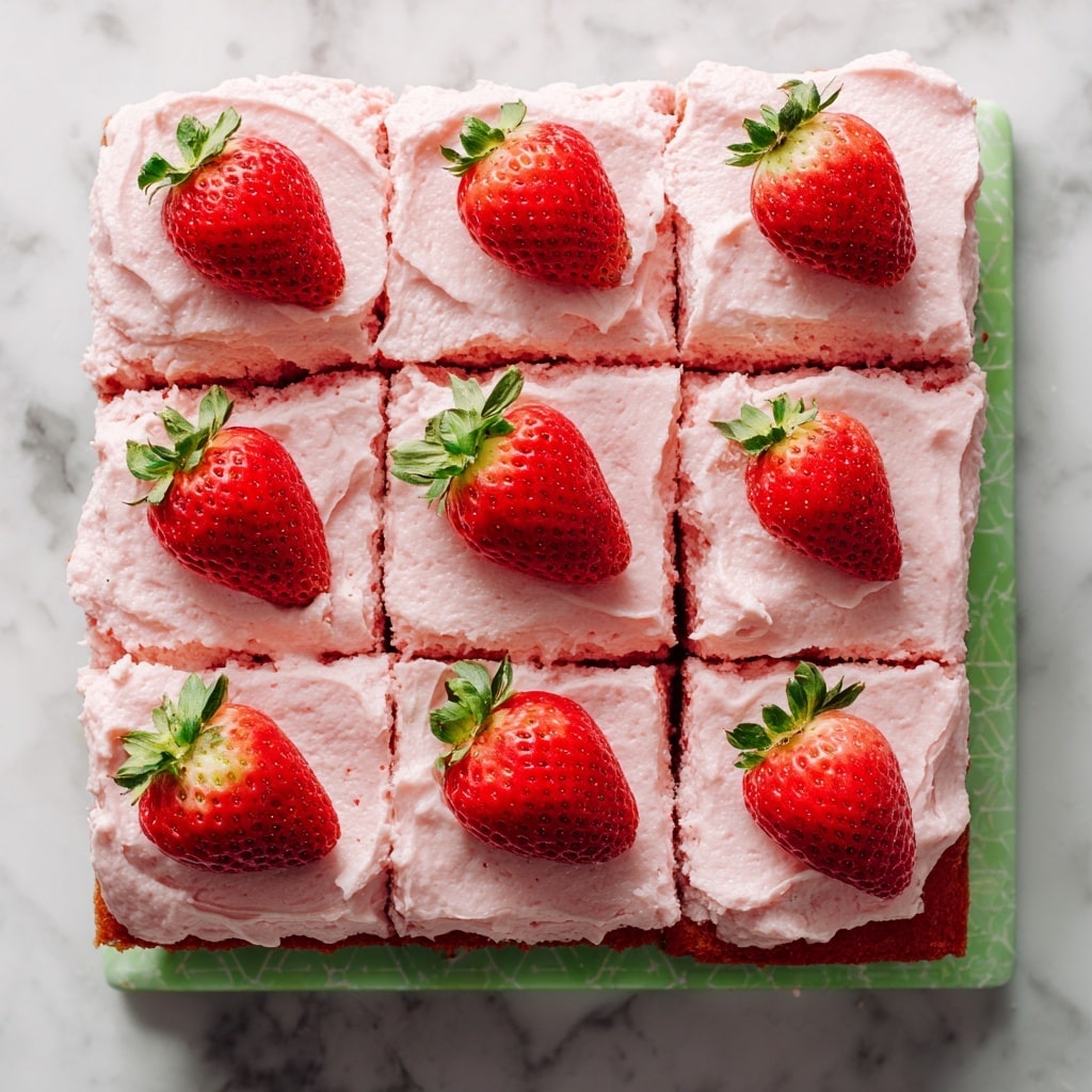 A square sheet cake with a thick layer of light pink strawberry frosting evenly spread on top, divided into nine pieces. Each piece is topped with a whole fresh strawberry. The cake itself is red with a soft texture, visible at the spot where one piece is missing, showing the bright green and white patterned surface beneath. The background is a white marbled texture. photo taken with an iphone --ar 4:5 --v 7