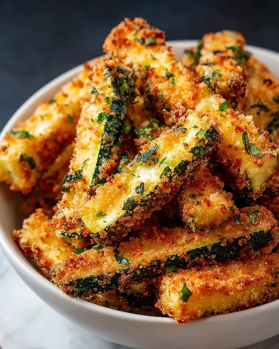 The image shows a close-up of crispy zucchini sticks stacked in a white bowl, each stick coated in a golden-brown crumb layer with green zucchini skin visible on the sides. The crumb layer is textured with small browned bits and sprinkled with green herbs, adding contrast to the warm yellow crust. The sticks are arranged in a casual pile, showing the rough, crunchy coating and soft green inner part. The bowl sits on a white marbled surface with soft lighting that highlights the crispy texture of the zucchini sticks. Photo taken with an iphone --ar 4:5 --v 7