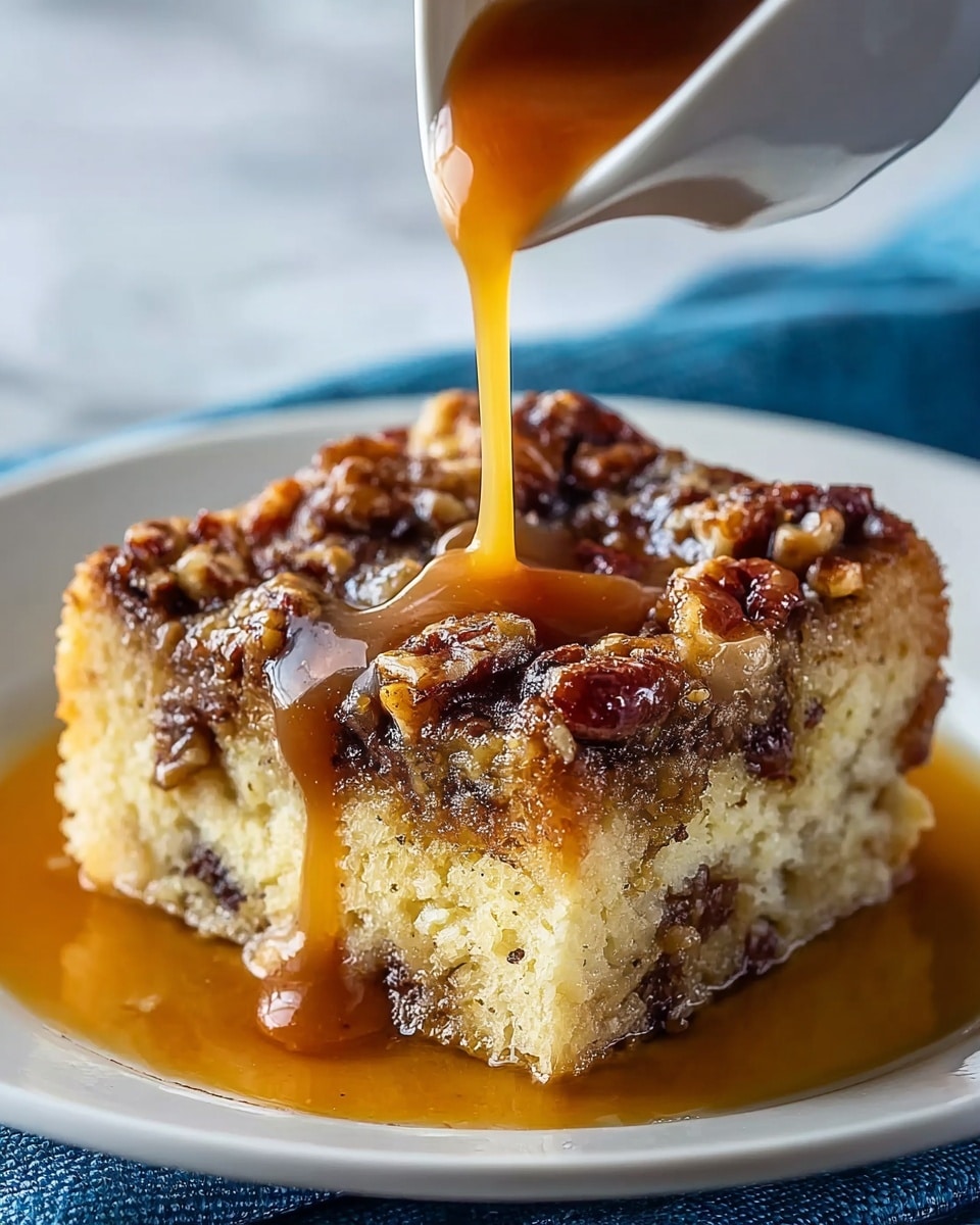 A thick square piece of bread pudding is placed on a white plate, showing two visible layers: the bottom layer is a light, fluffy cake with a slightly browned edge, and the top layer is rich with a mix of dark brown nuts and melted bits, giving a textured and sticky look. A smooth, golden caramel sauce is being poured over the pudding from above, dripping down the sides and pooling around the base, enhancing the glossy, moist appearance. The background is a white marbled texture, and there is a blurry hint of blue cloth under the plate. Photo taken with an iphone --ar 4:5 --v 7