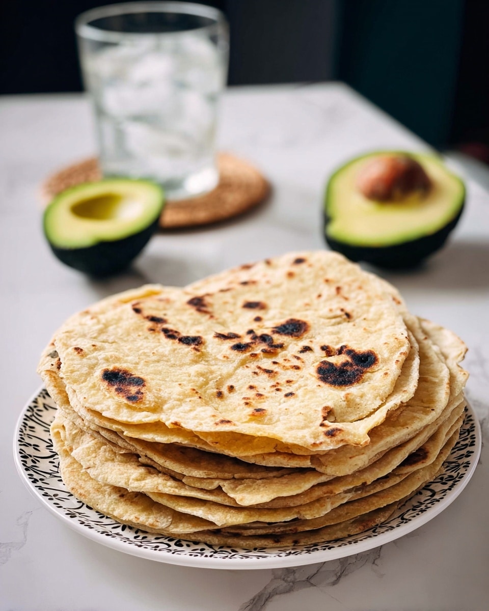 A tall stack of about ten golden-brown flatbreads with some charred spots is placed in the center of a white plate with a dark patterned rim. Behind the plate, there are two avocado halves—one with the seed and one without—showing the smooth, bright green inside. To the right, a clear glass filled with ice water sits on a round beige coaster. The whole scene is set on a white marbled surface with a soft background. Photo taken with an iphone --ar 4:5 --v 7