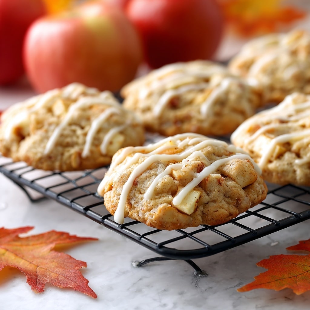 The image shows a close-up of freshly baked cookies cooling on a black wire rack. Each cookie is lumpy and uneven in shape, light brown in color with visible chunks of apple pieces inside. The tops of the cookies are drizzled with a thin layer of glossy white icing that glistens in the light. The background has blurred red apples and soft orange fall-colored leaves, all set on a white marbled surface that adds a clean and bright look to the scene. photo taken with an iphone --ar 4:5 --v 7