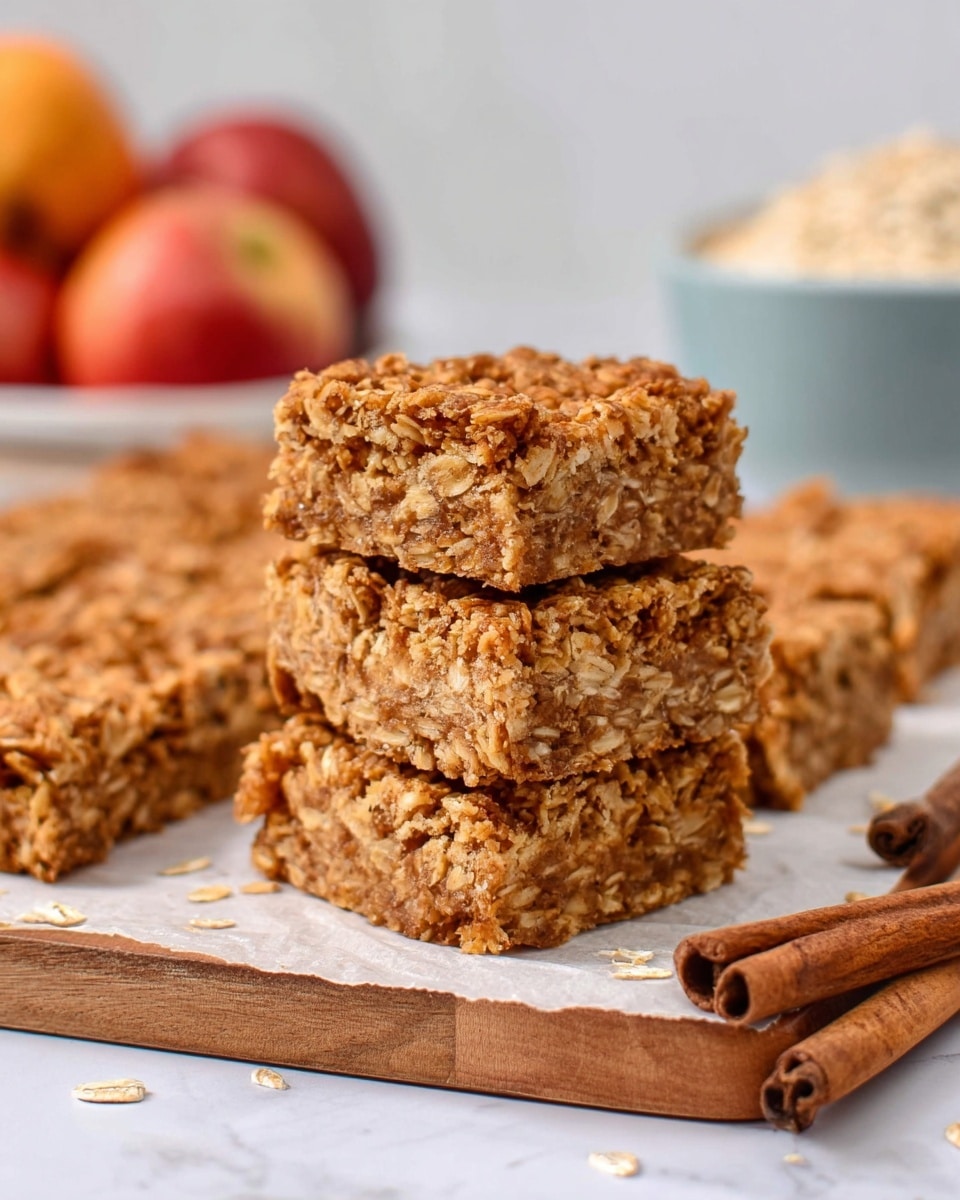A stack of three square oatmeal bars sits at the center, showing a crumbly, golden-brown texture with visible oats. Behind the stack, several more oatmeal bars lay flat on white parchment paper over a dark wooden board. To the right of the bars, three dark brown cinnamon sticks lean against the stack. In the background, out of focus, there are apples with red and yellow hues, along with a light blue bowl filled with oats on a white marbled surface. The scene suggests a cozy, homemade feel with warm autumn colors. photo taken with an iphone --ar 4:5 --v 7