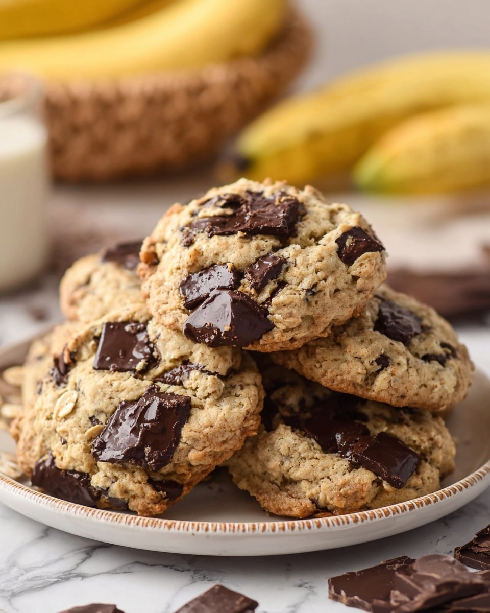 A close-up of a pile of chunky cookies stacked on a white plate with a textured rim, each cookie golden brown with large, melted dark chocolate chunks scattered unevenly across their rough and slightly crumbly surface. In the background, there are blurred bananas, more pieces of dark chocolate, and a woven basket, all set against a white marbled texture. The cookies appear thick and soft, with some chocolate pieces glistening from melting. photo taken with an iphone --ar 4:5 --v 7
