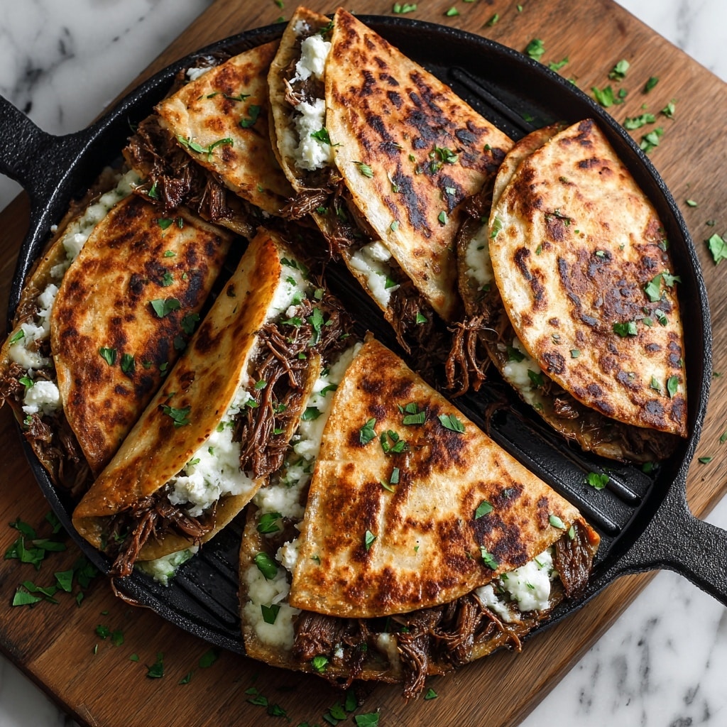 This image shows six folded tacos on a black griddle pan. Each taco has two layers: the outer layer is a grilled, slightly charred, golden-orange tortilla with darker spots. Inside, there is a filling of dark brown shredded meat mixed with chopped white onions and fresh green cilantro. The filling looks moist and tender, with melted cheese bubbling around the edges on the griddle. The griddle sits on a surface with a white marbled texture just visible around the pan. photo taken with an iphone --ar 4:5 --v 7
