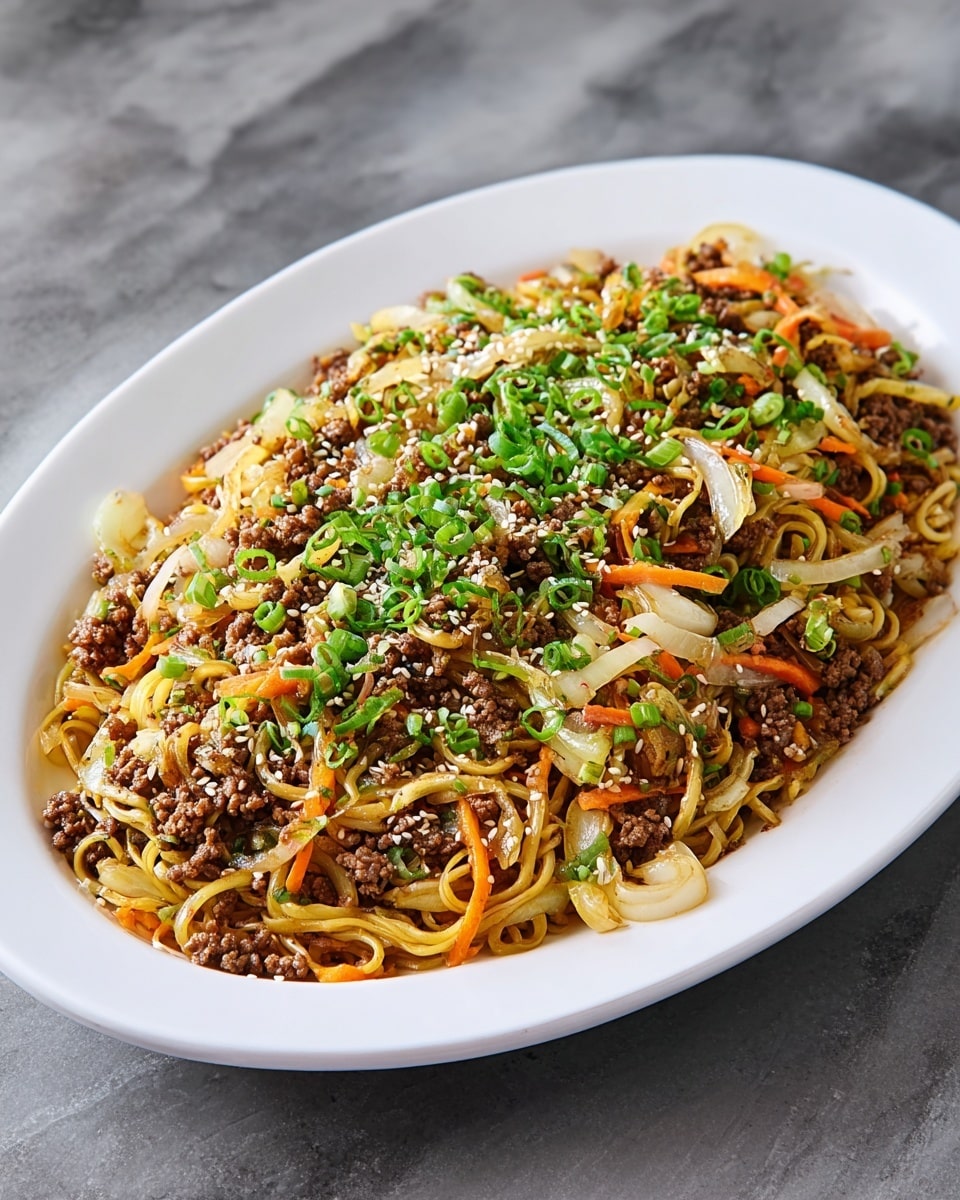 A close-up of a small white plate with a serving of stir-fried noodles mixed with dark brown minced meat, light brown caramelized onions, thin orange carrot strips, and some green chopped spring onions on top, showing a mix of glossy and textured elements. Light brown wooden chopsticks with blue and green bands are placed on the right side of the plate, angled toward the food. In the blurred background, there is a large white oval plate filled with more of the same stir-fry on a white marbled surface. The colors are warm and earthy, creating a comforting, rich look. Photo taken with an iphone --ar 4:5 --v 7