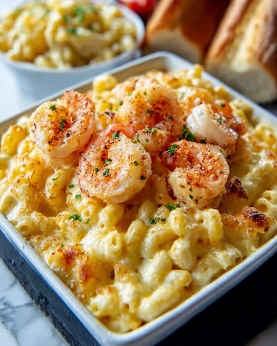 A close-up view of a black rectangular dish filled with creamy macaroni in a pale yellow cheese sauce as the bottom layer, topped with golden-brown baked cheese with crispy browned spots, scattered with several large shrimp that are pink with white highlights and curled tightly around the edges. There are small bits of green herbs sprinkled on top. In the background, there is a white plate with two thick slices of light yellow bread and a white bowl with extra macaroni, all placed on a white marbled surface. Photo taken with an iphone --ar 4:5 --v 7